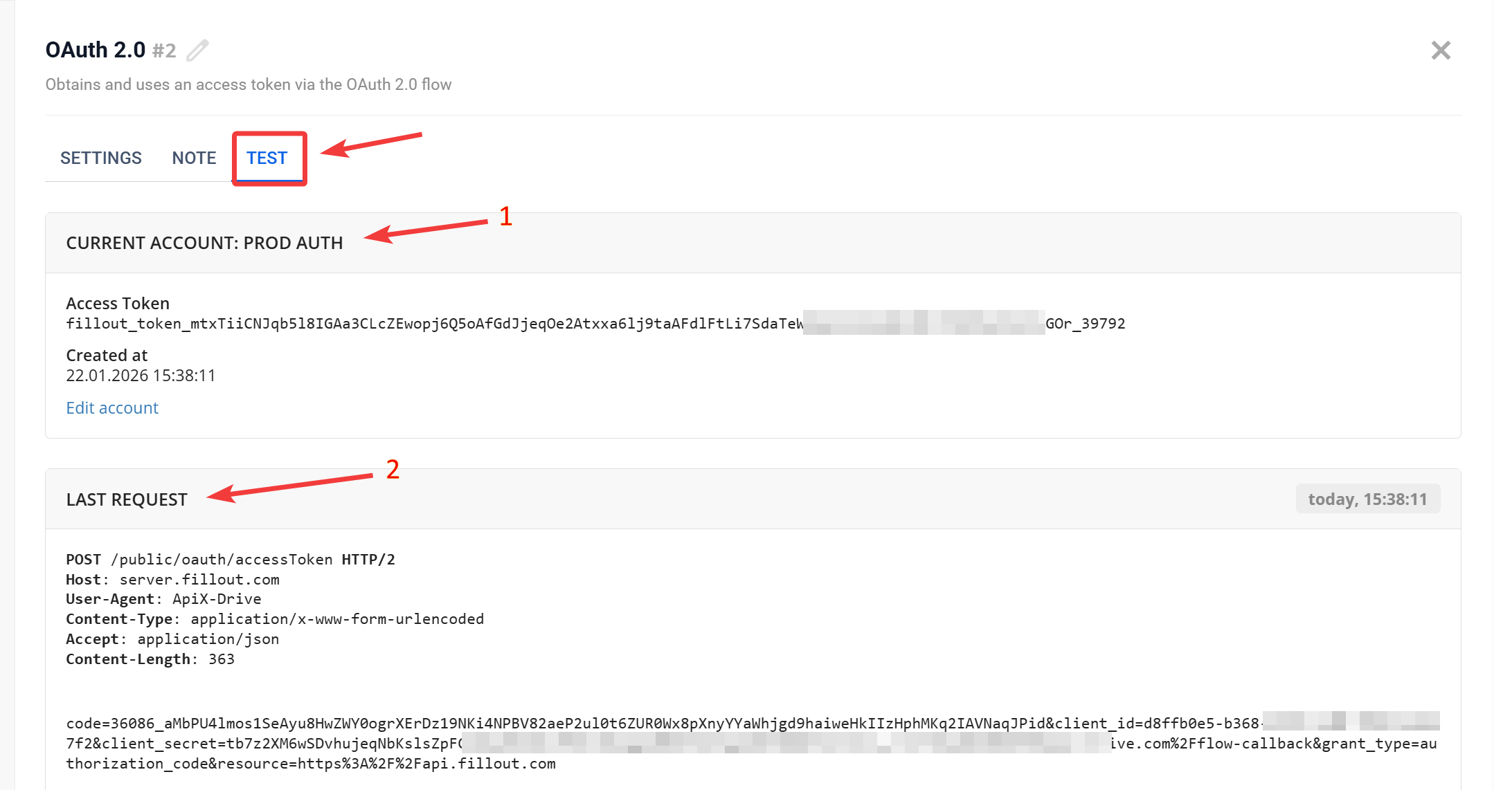 OAuth 2.0 | Діагностика підключеного акаунту на вкладці Test