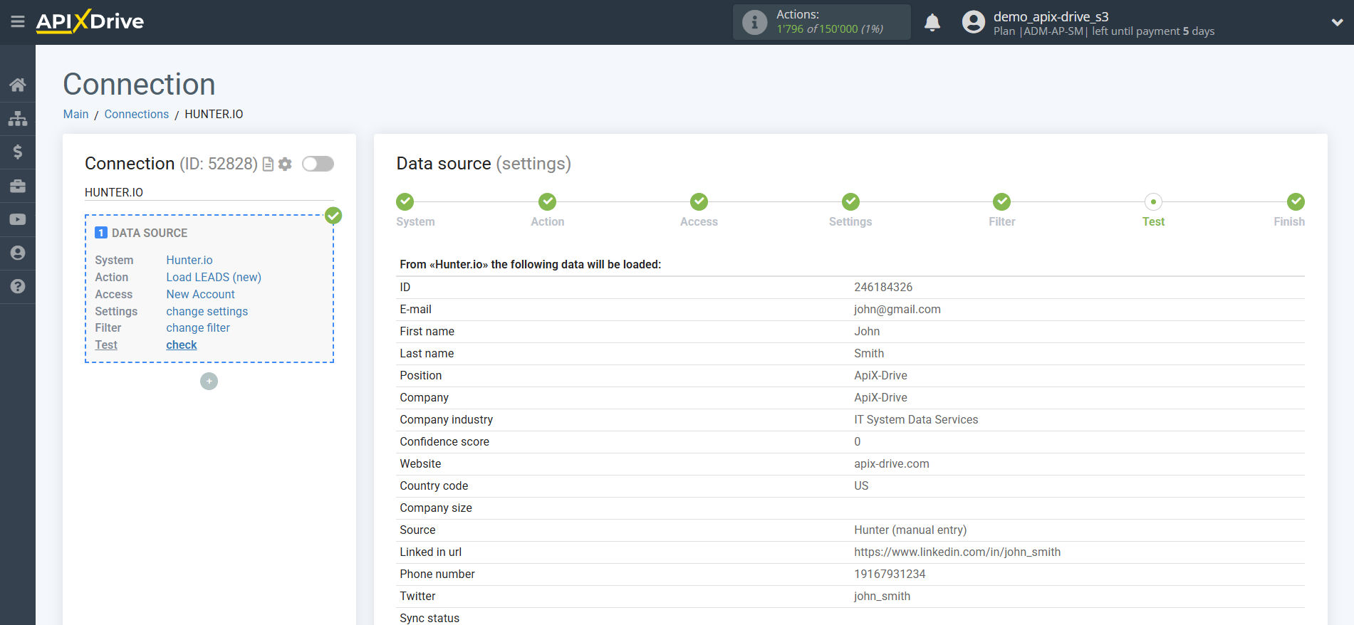How to Connect Hunter.io as Data Source | Test data