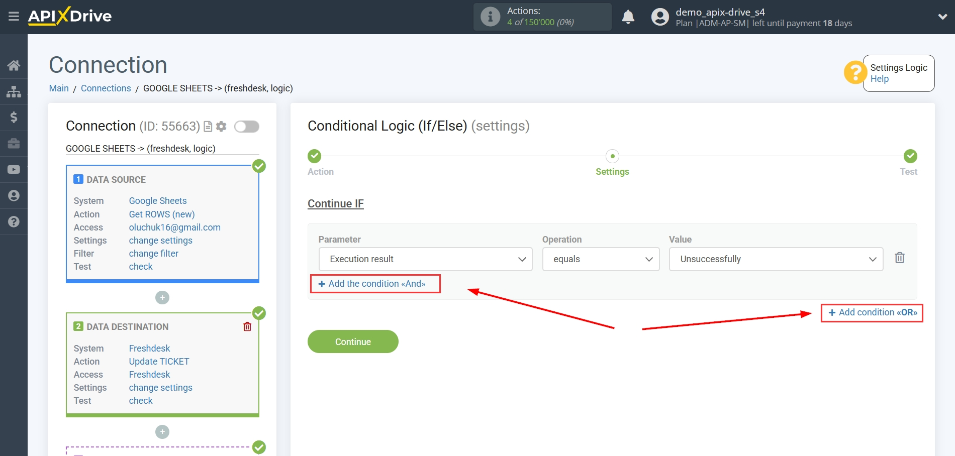 How to setup Freshdesk Update Ticket / Create Ticket | Additional conditions "AND", "OR"