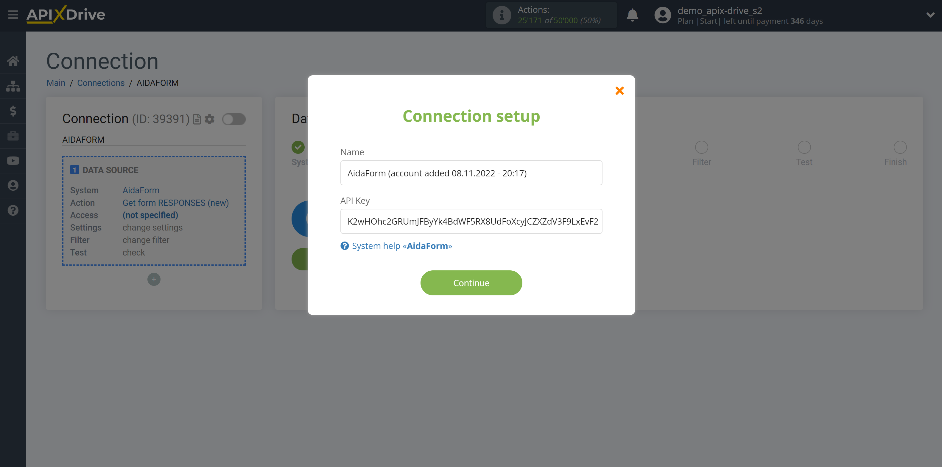 How to Connect AidaForm as Data Source | Enter an API Key