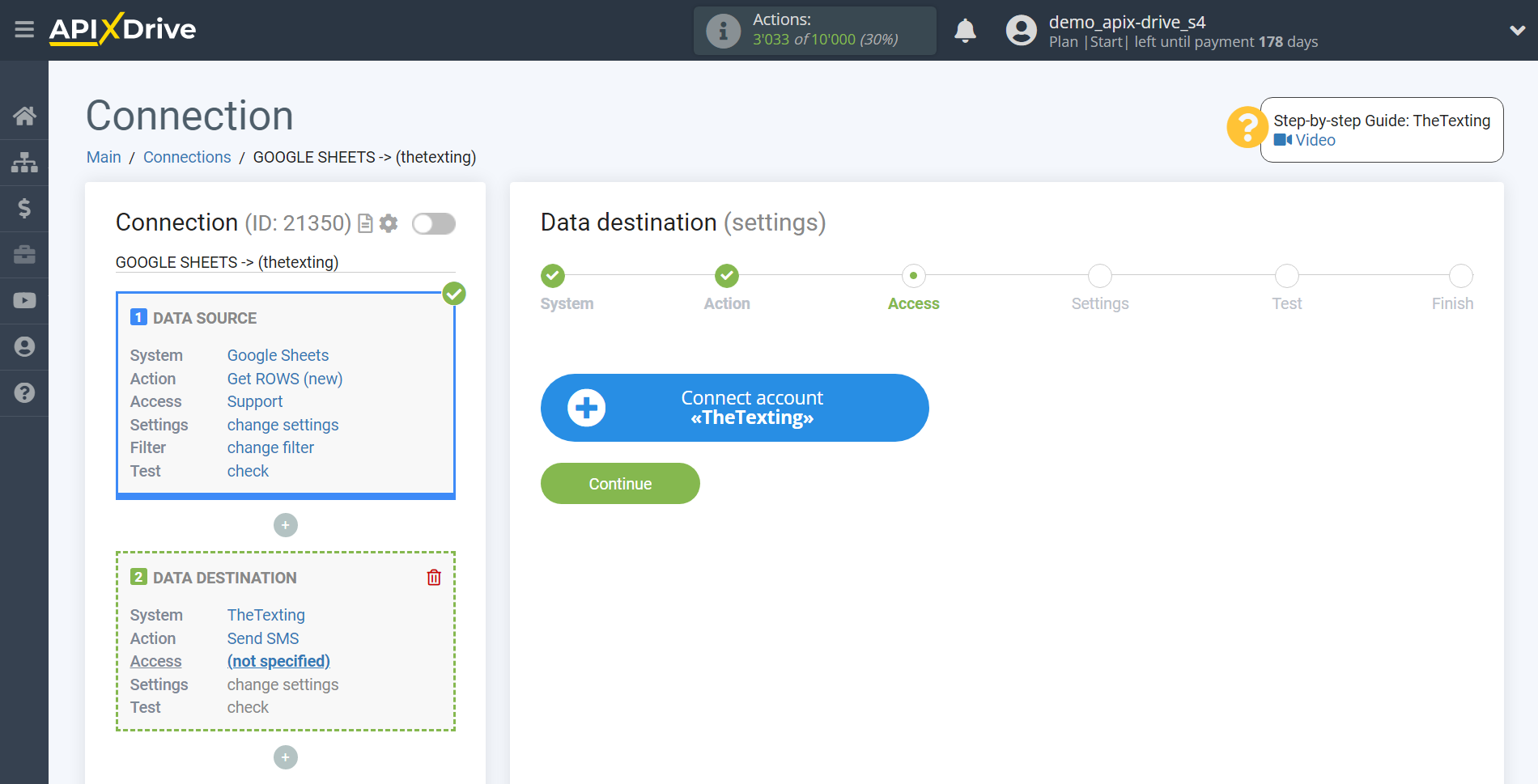 How to Connect TheTexting as Data Destination | Account connection