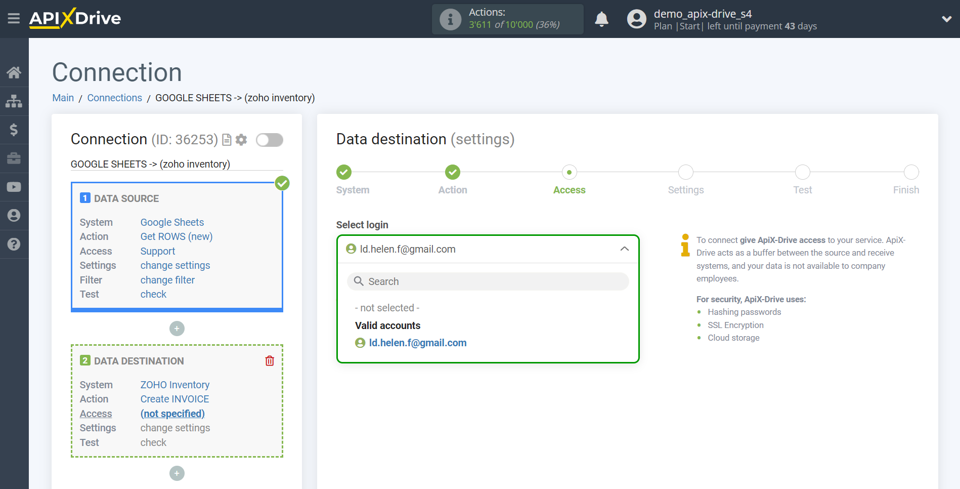 How to Connect Zoho Inventory as Data Destination | Account selection