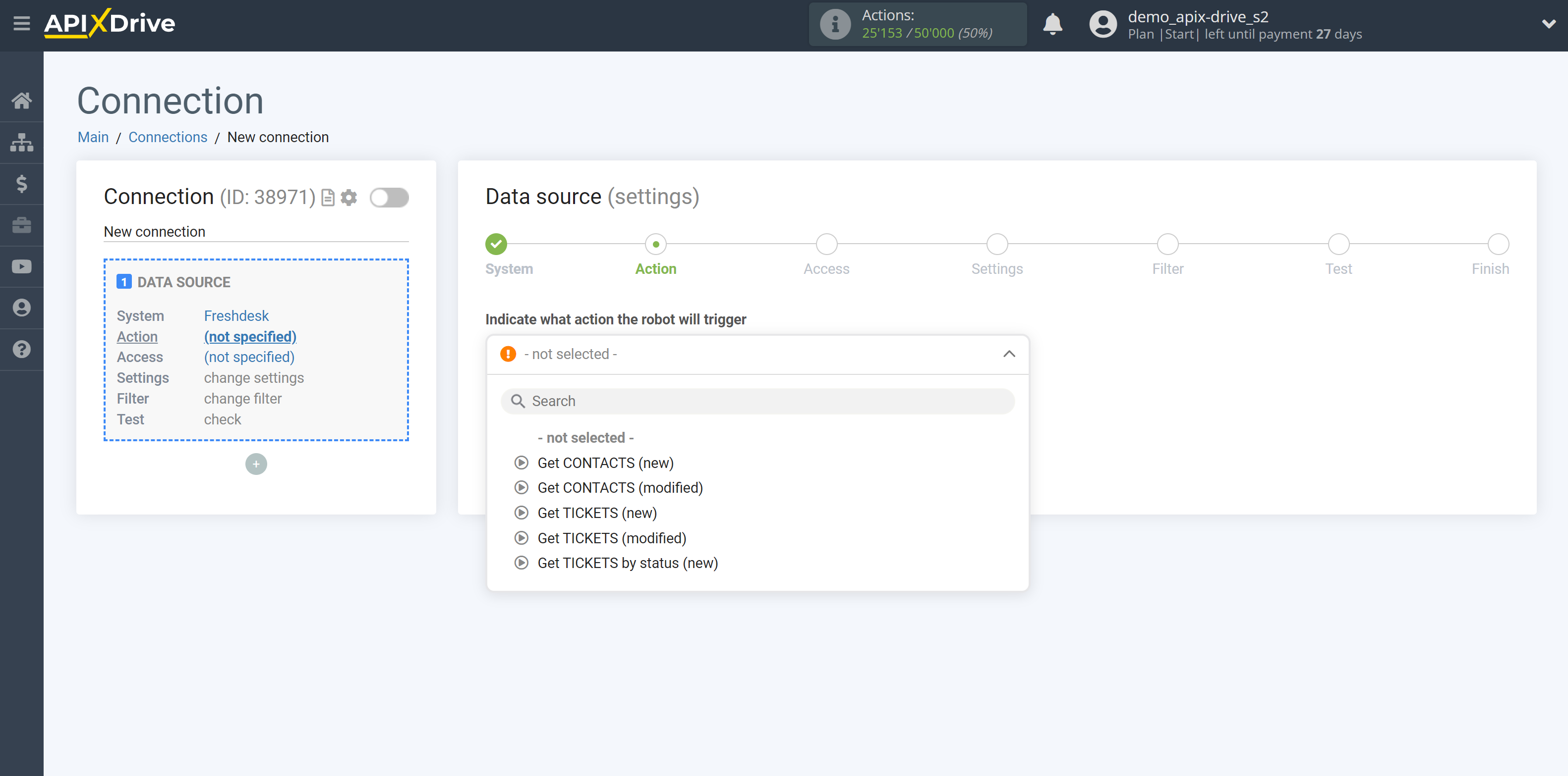 How to Connect Freshdesk as Data Source | Action selection