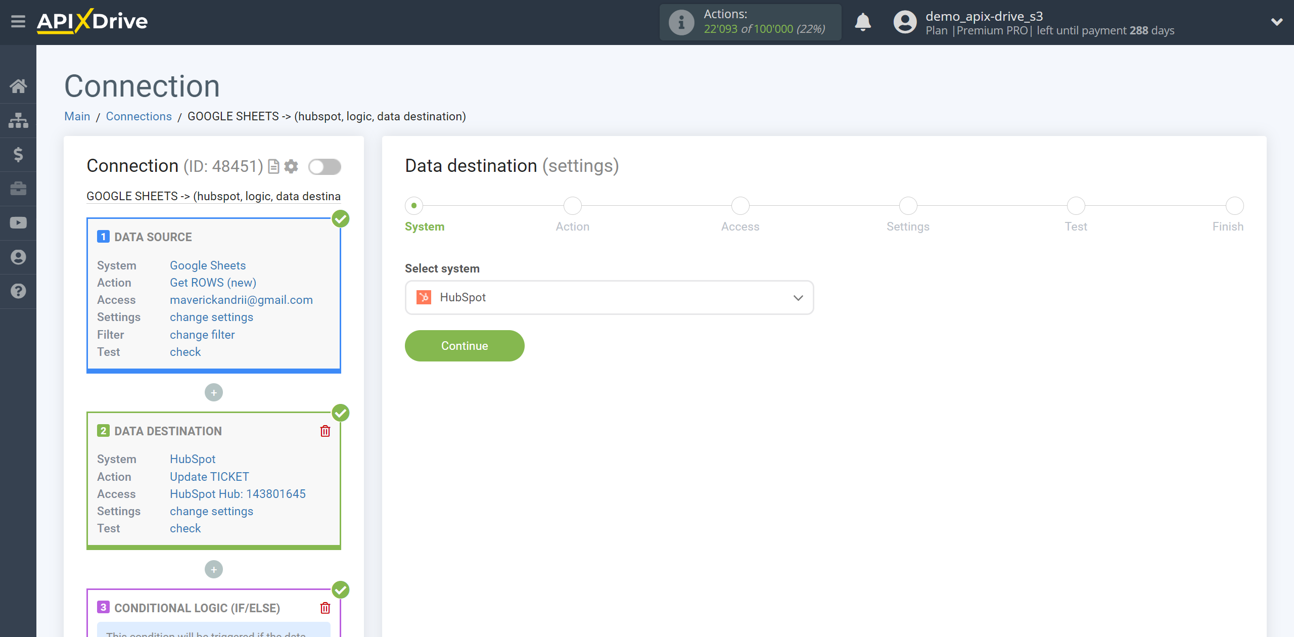 How to setup HubSpot Update Ticket / Create Ticket | System selection a Data Destination