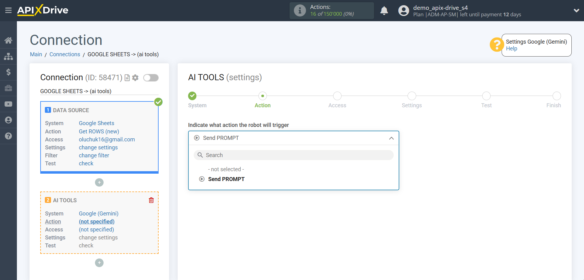 Setting up Gemini in Google Sheets | Action selection