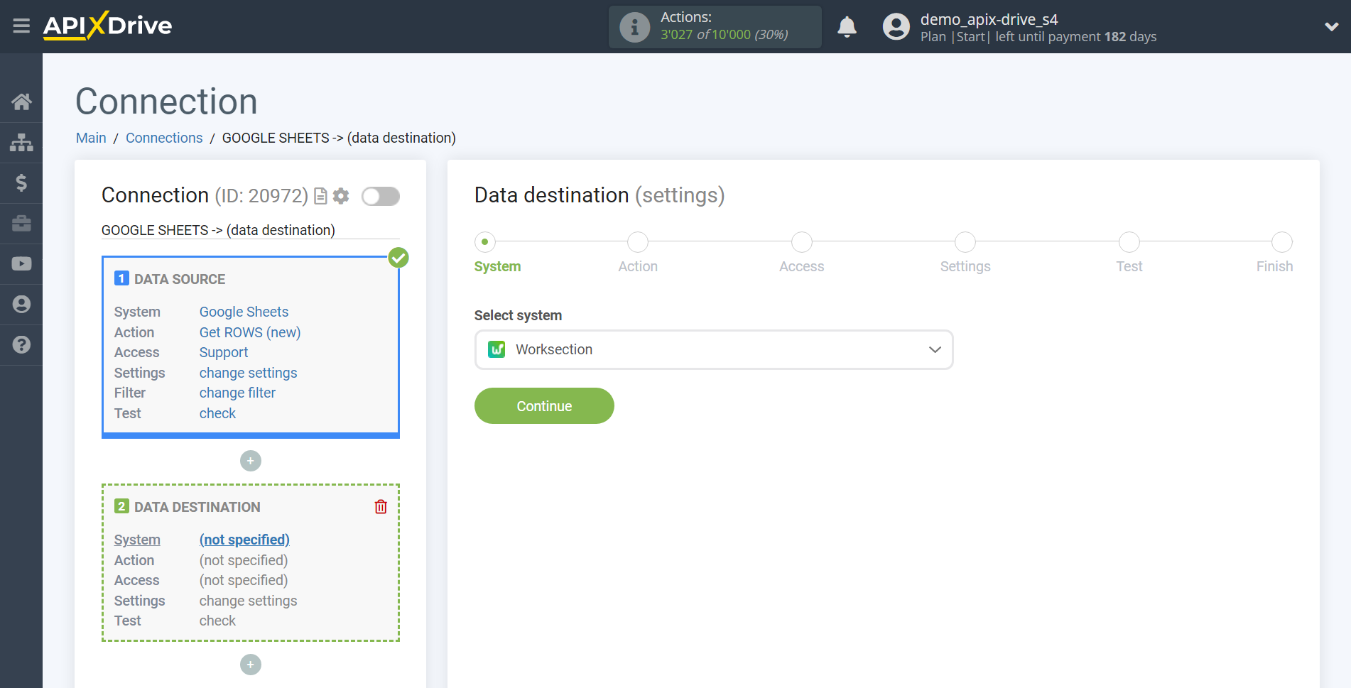 How to Connect Worksection as Data Destination | System selection