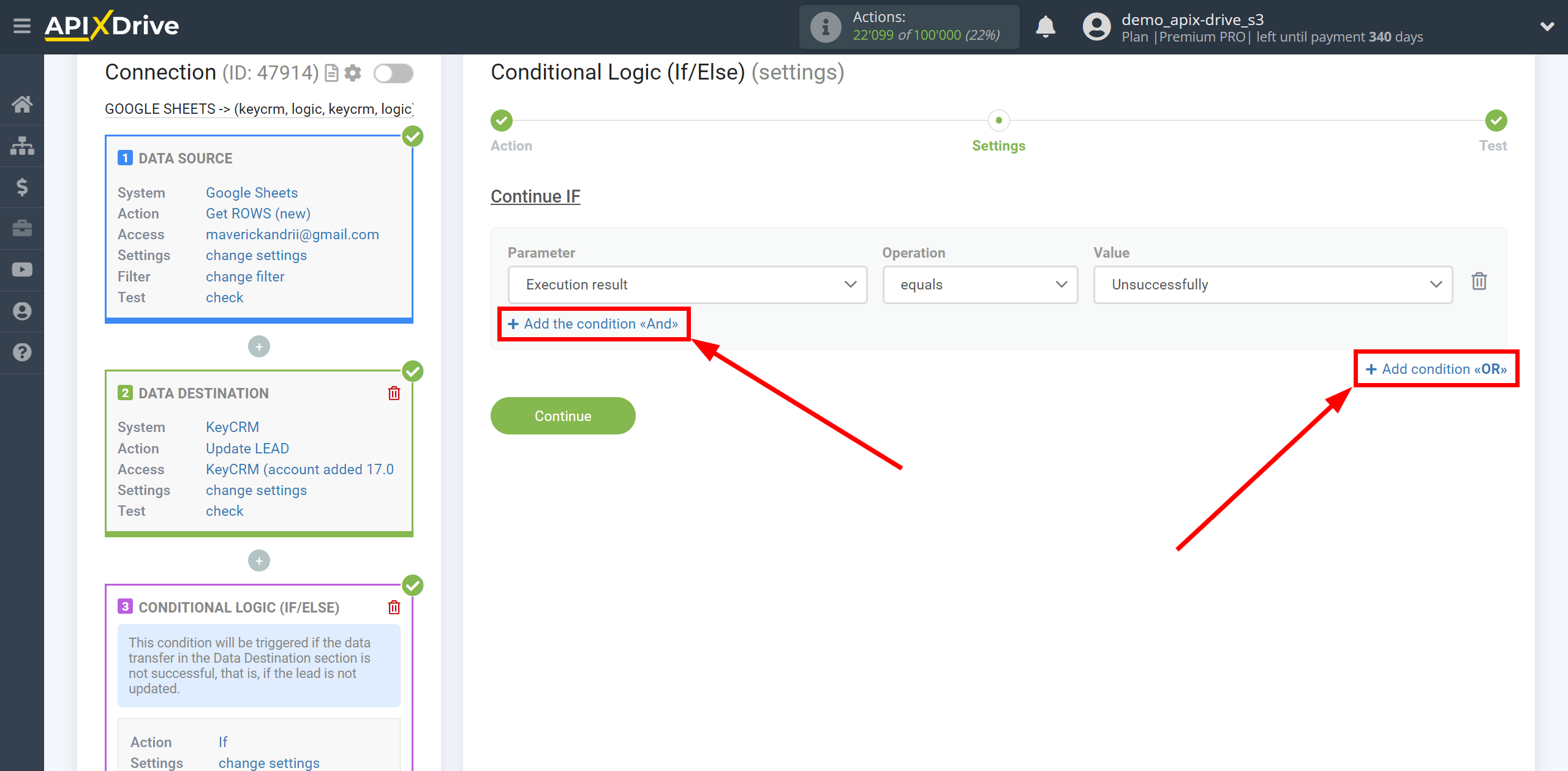 How to setup KeyCRM Update Lead / Create Lead | Additional conditions "AND", "OR"