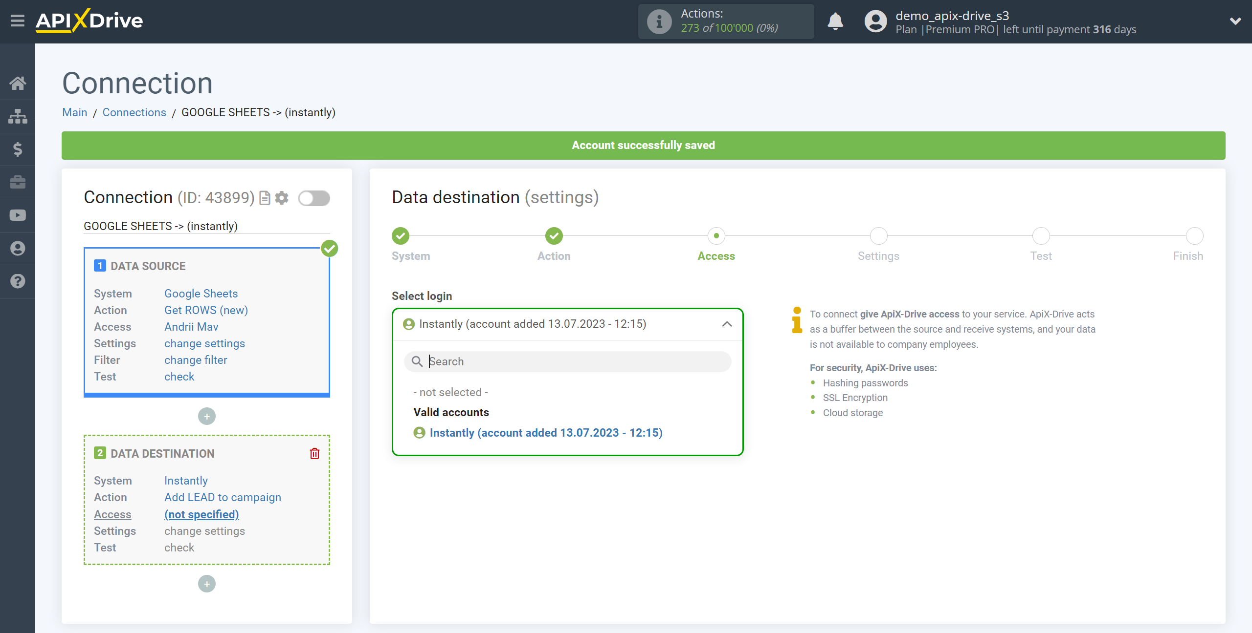 How to Connect Instantly as Data Destination | Account selection