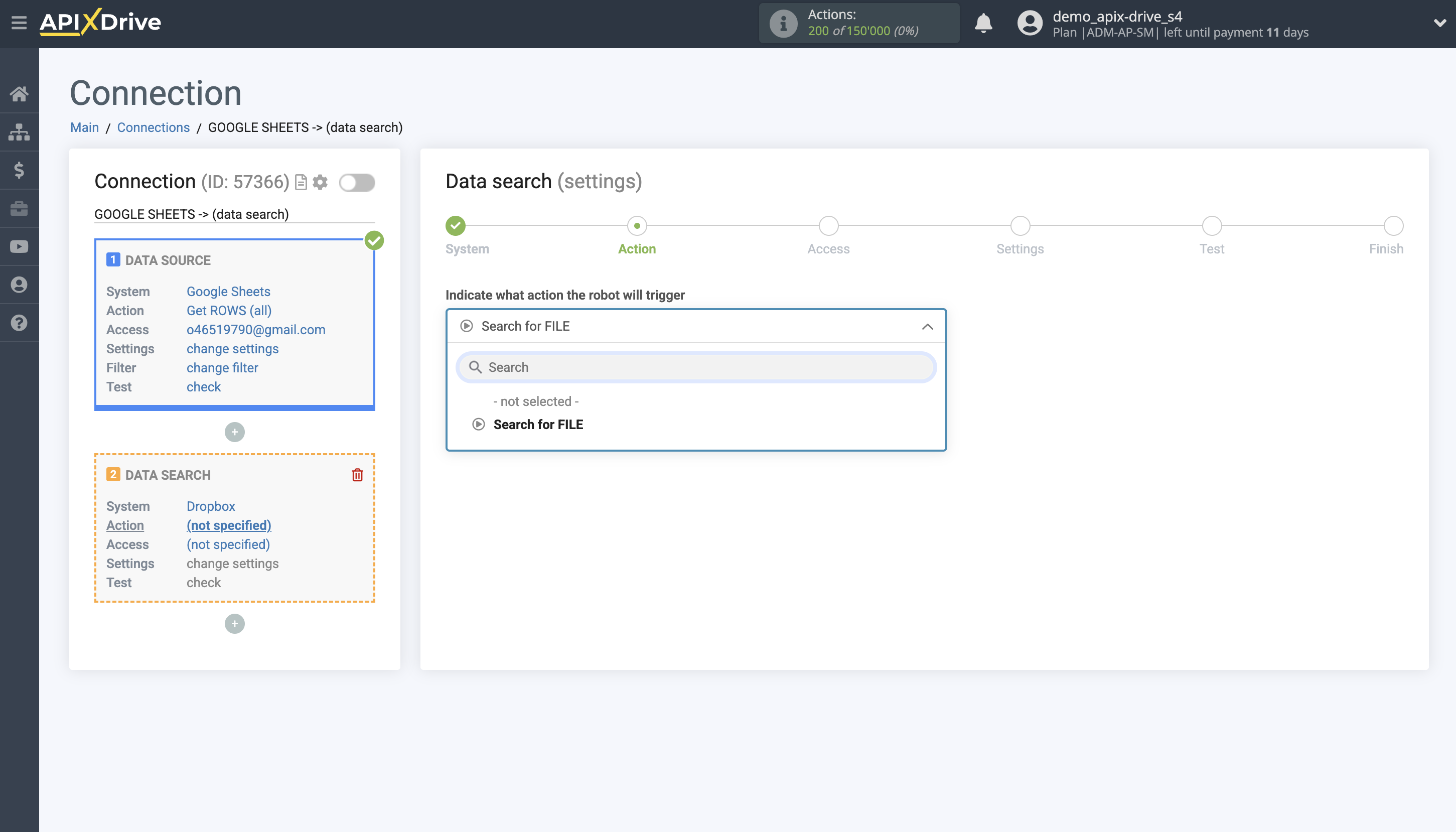 Setting up Dropbox Contact Search in Google Sheets | Action selection