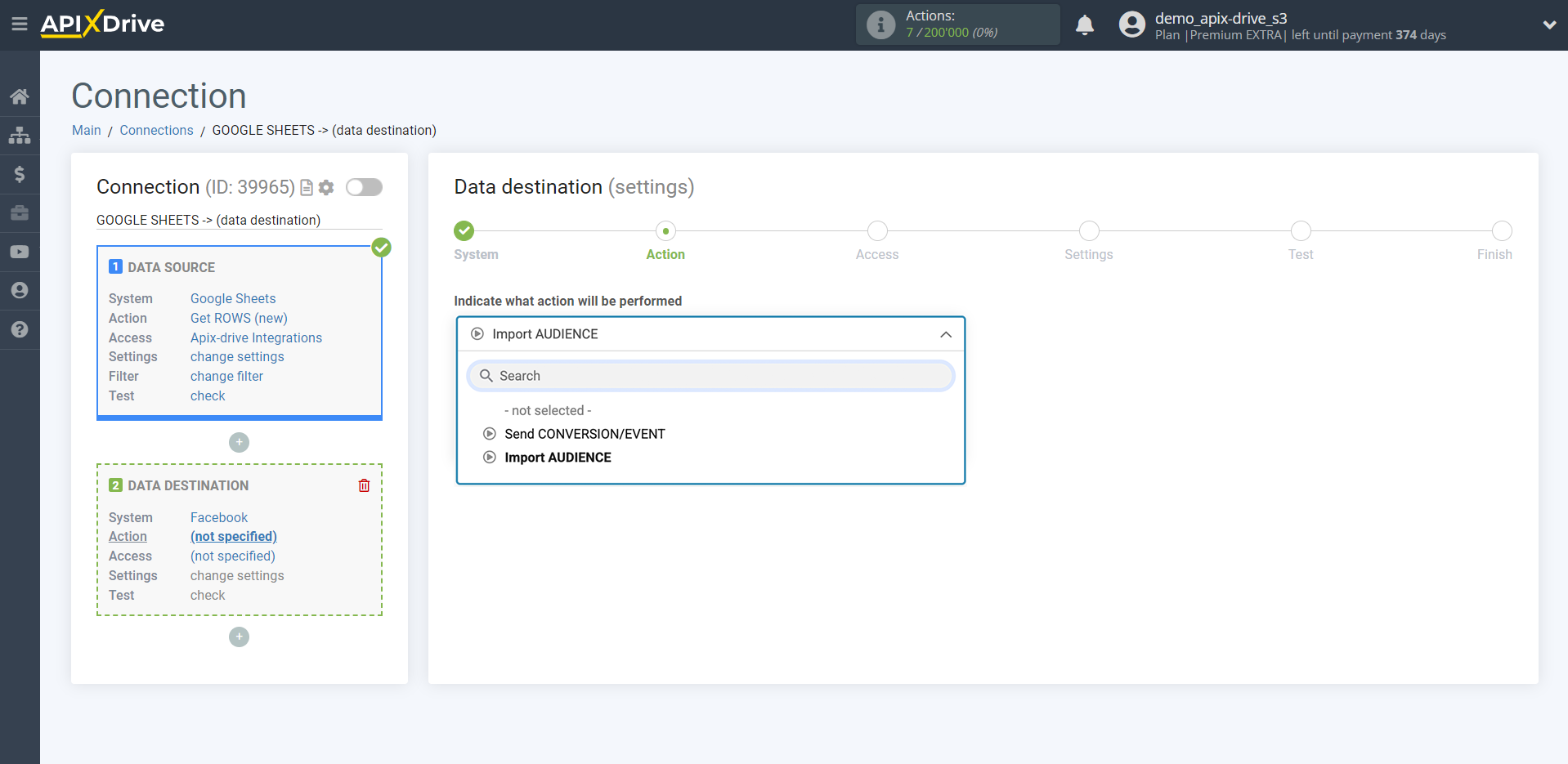 How to Connect Facebook as Data Destination | Action selection