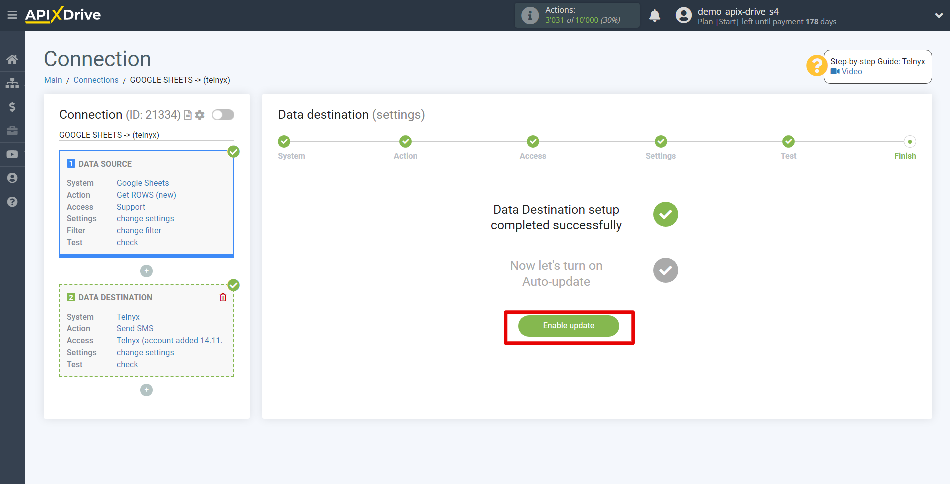 How to Connect Telnyx as Data Destination | Enable auto-update