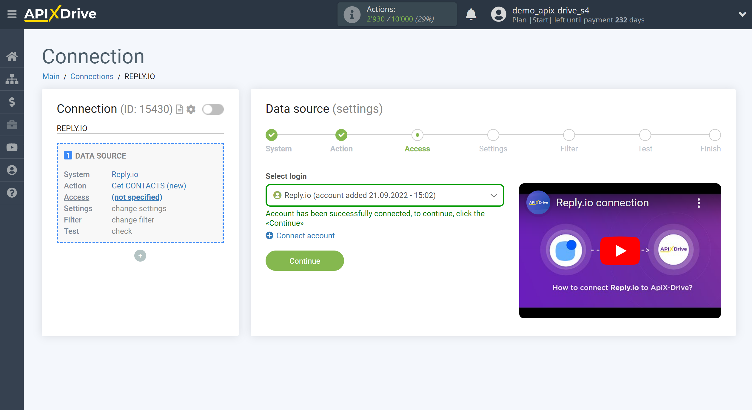 How to Connect Reply.io as Data Source | Account selection