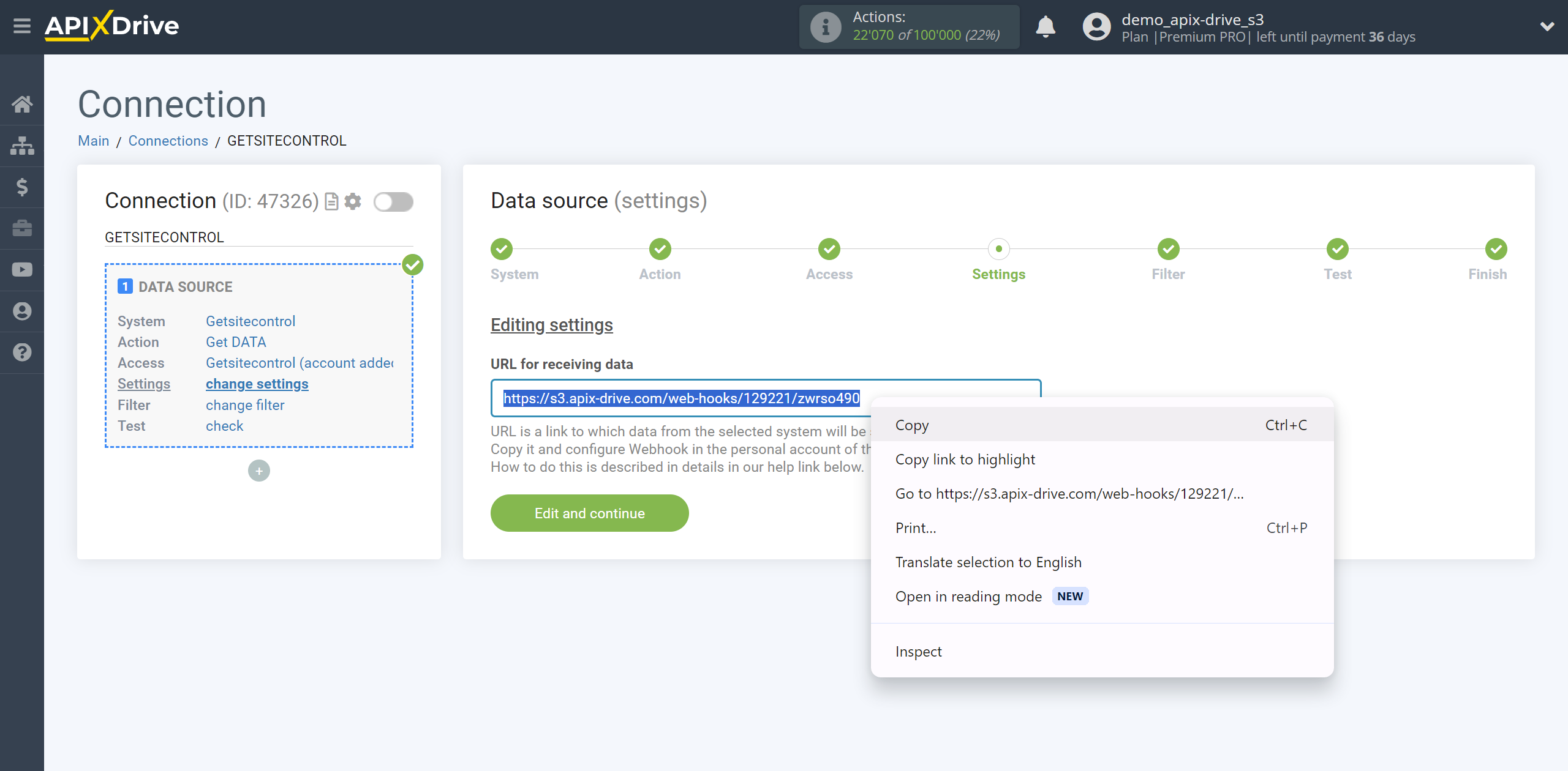 How to Connect Getsitecontrol as Data Source | Copying a link to receive data