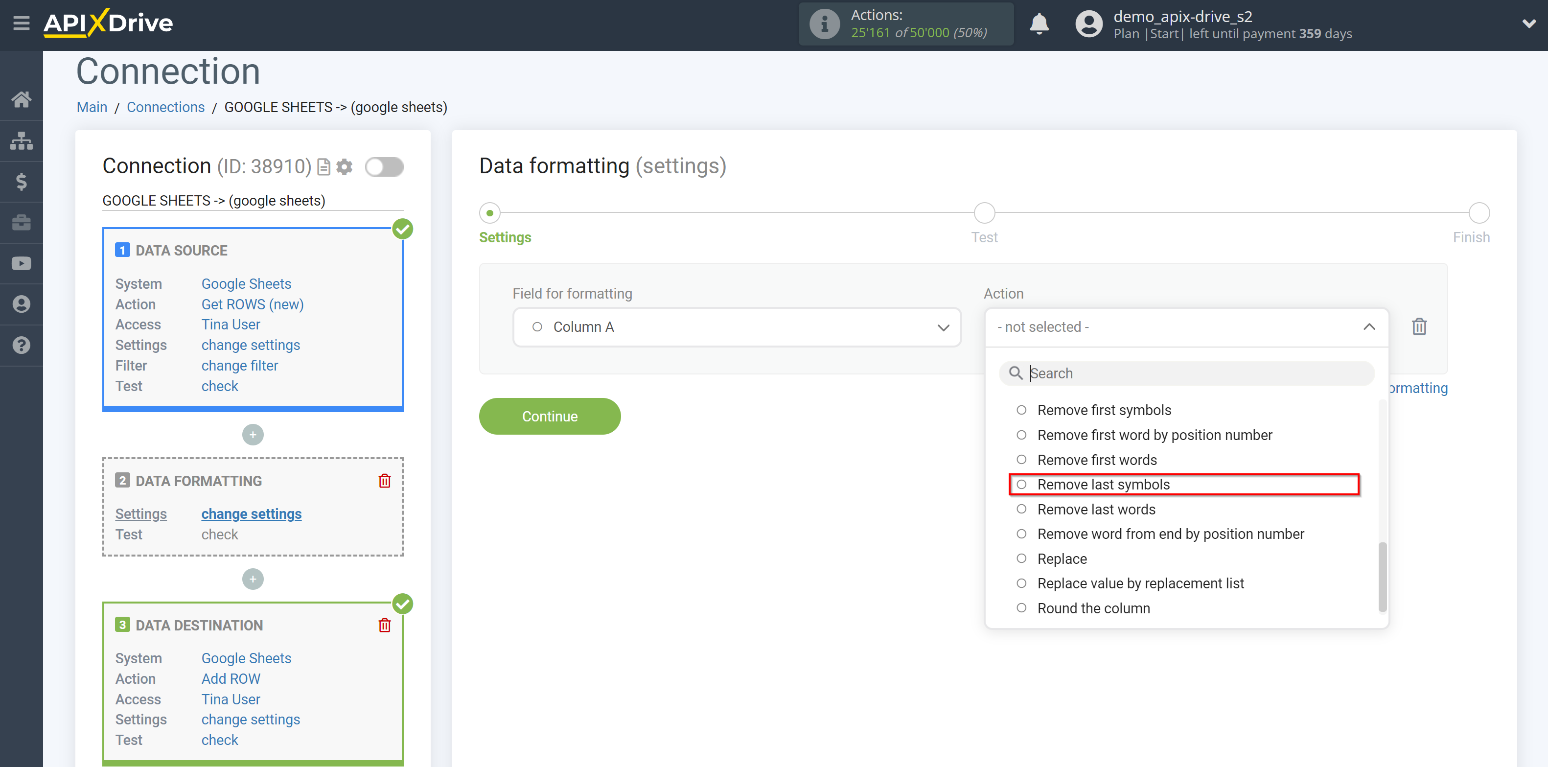 How to setup Data Formatting | Selecting the function&nbsp;Remove last symbols