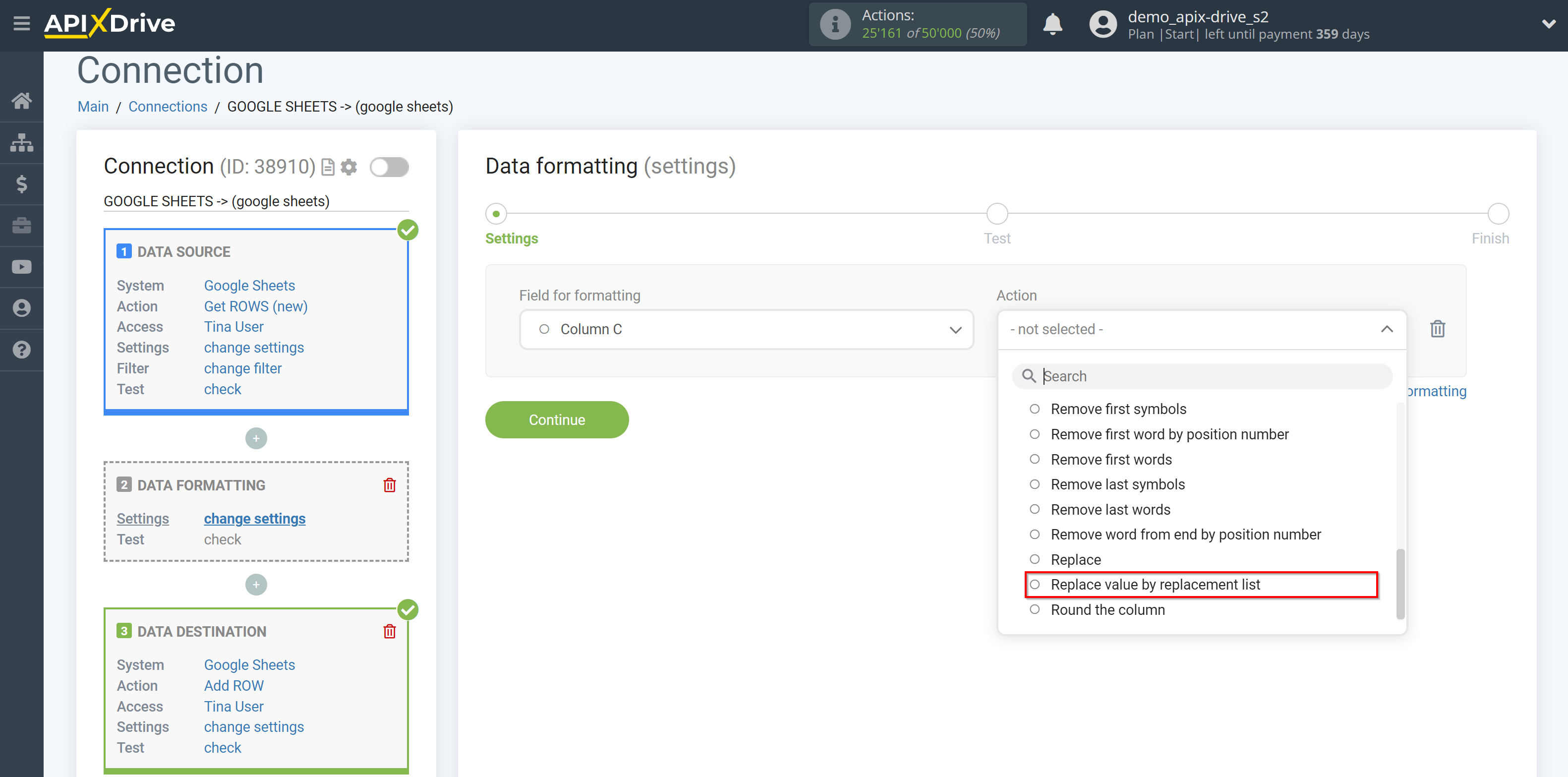 How to setup Data Formatting | Selecting the function&nbsp;Replace value by replacement list