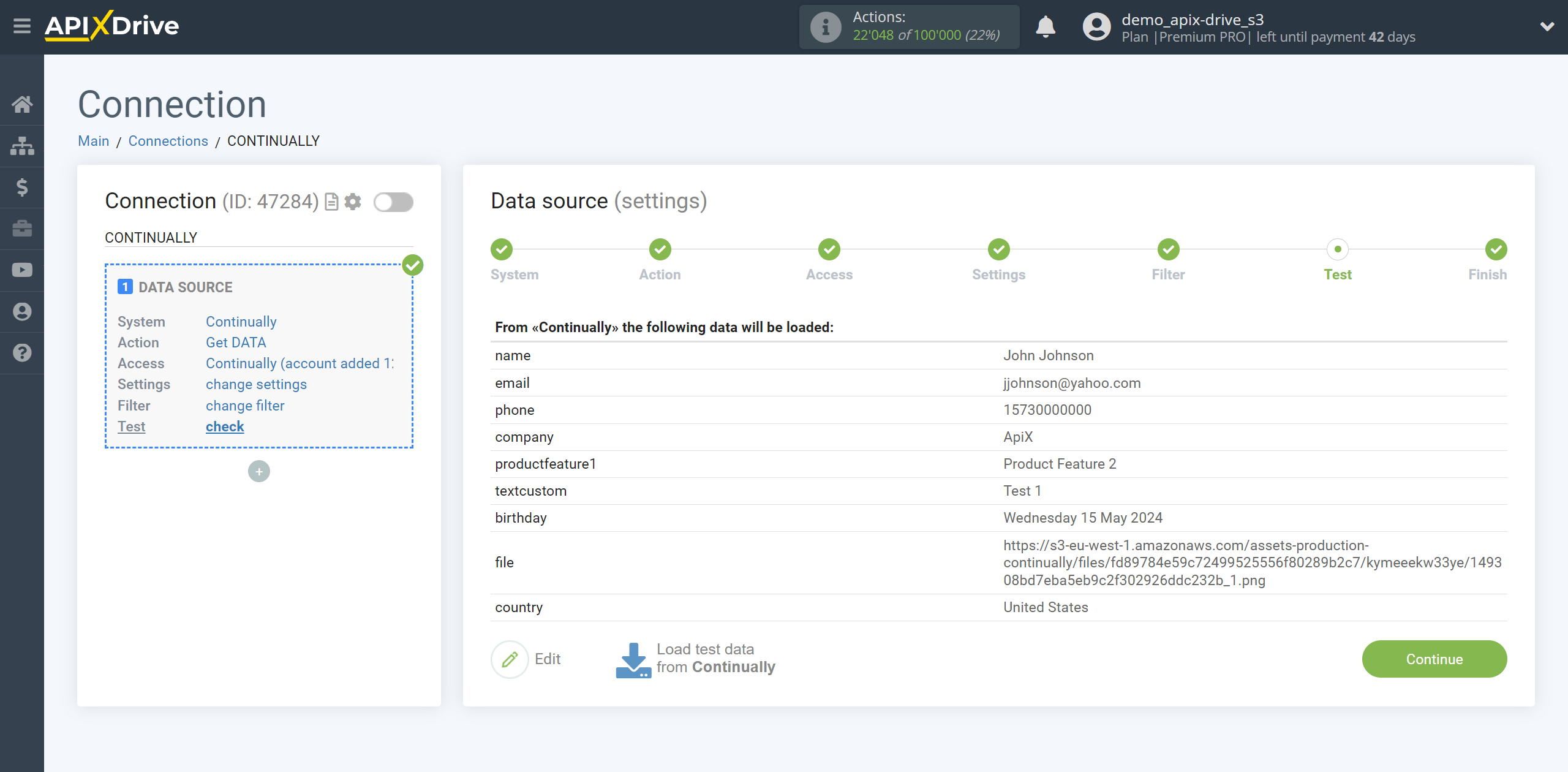 How to Connect Continually as Data Source | Test data