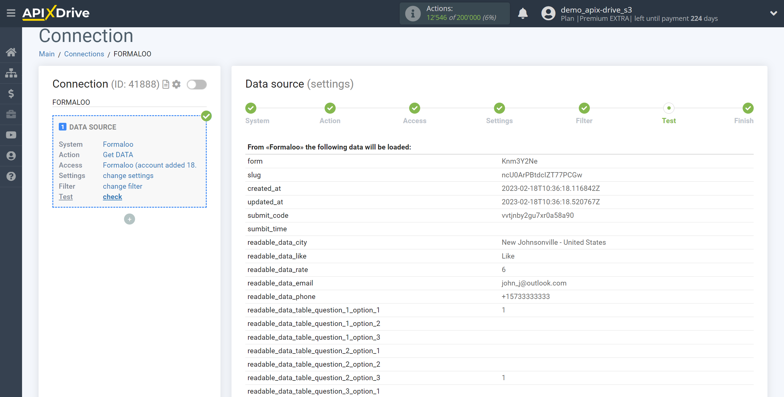 How to Connect Formaloo as Data Source | Test data