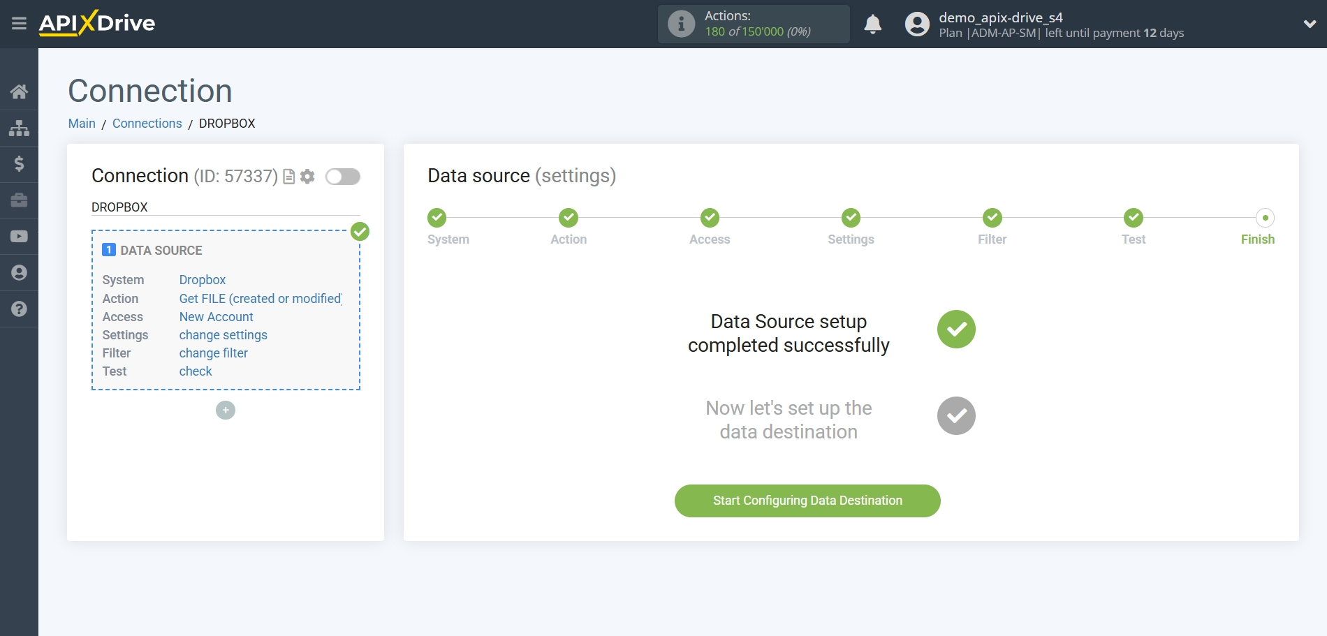 How to Connect Dropbox as Data Source | Go to the Data Destination setup
