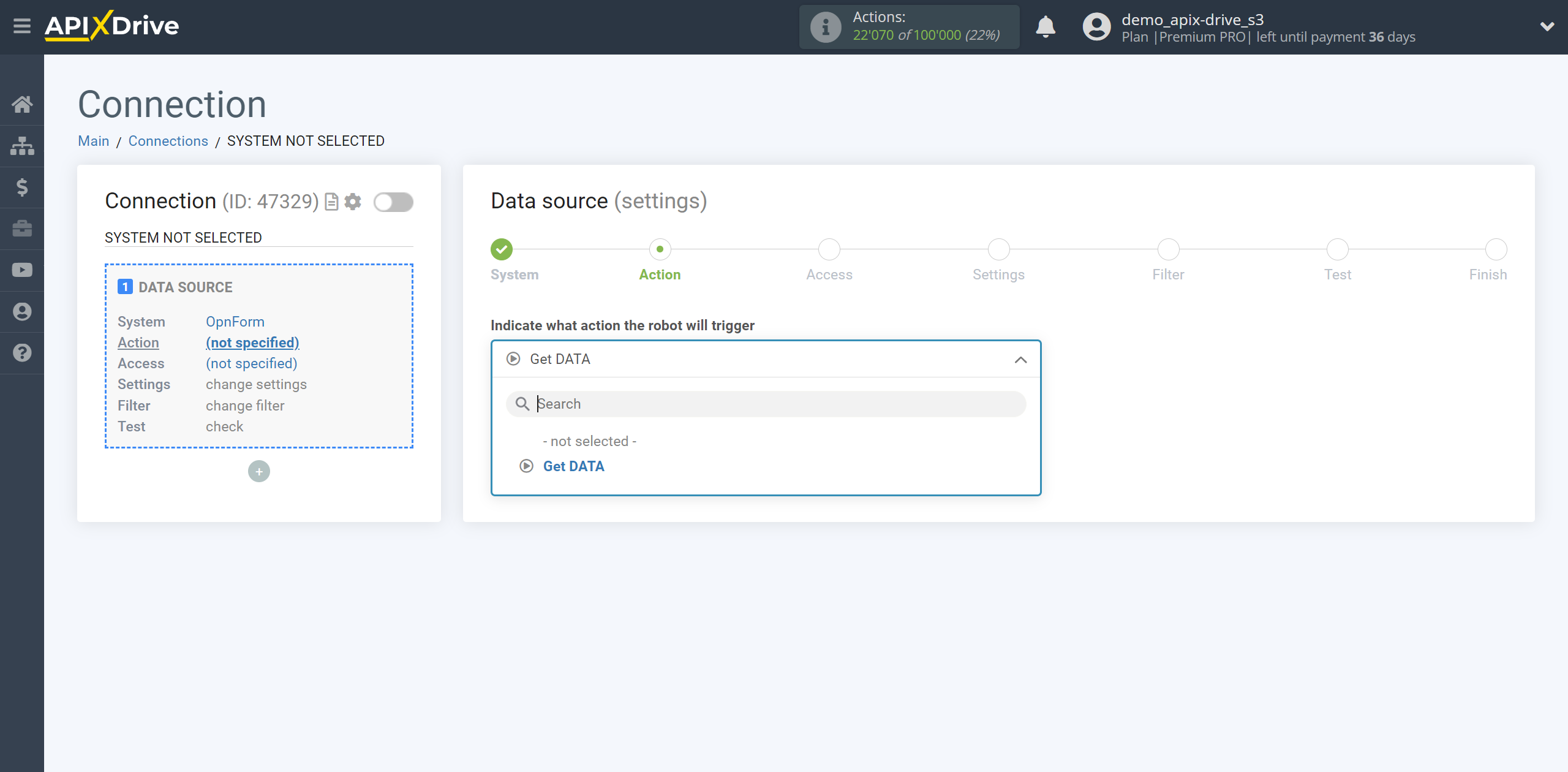 How to Connect OpnForm as Data Source | Action selection