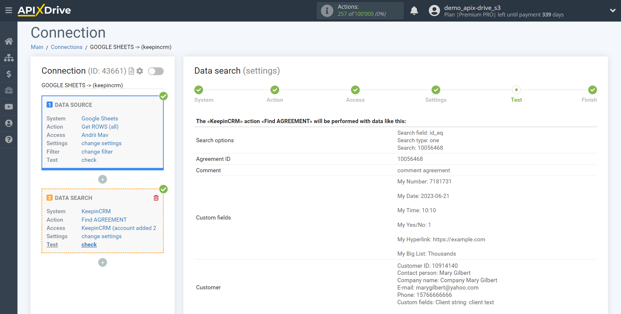 Setting up KeepinCRM Agreement Search in Google Sheets | Test data