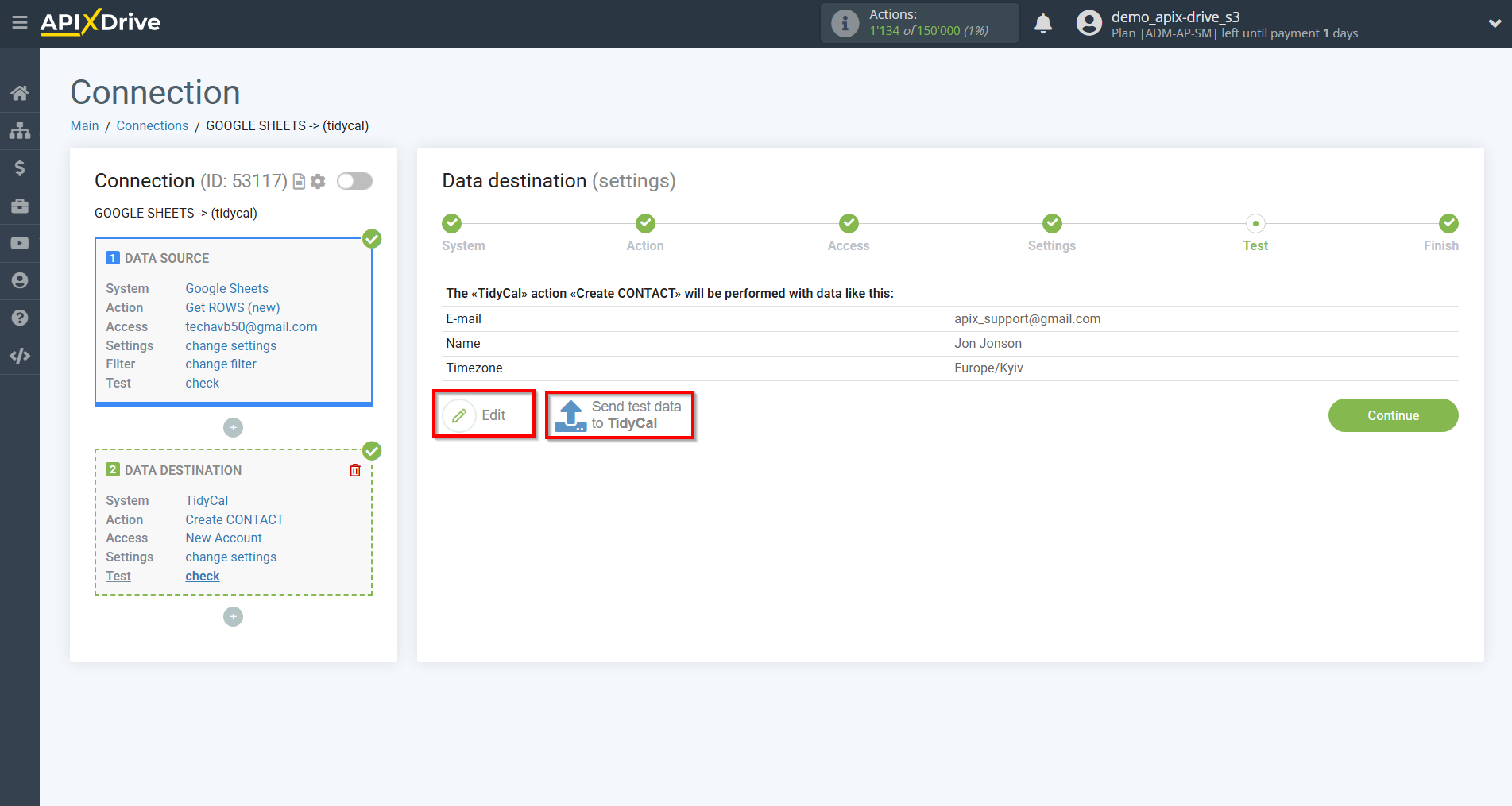 How to Connect Tidycal as Data Destination | Test Data