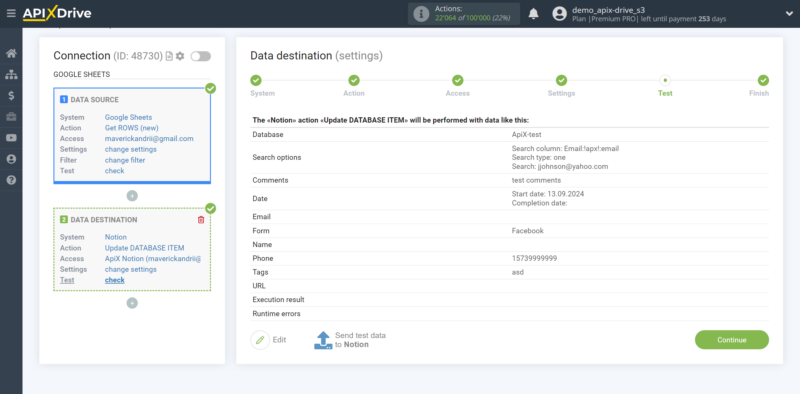 How to setup Notion Update Database Item / Add Database Item | Test data