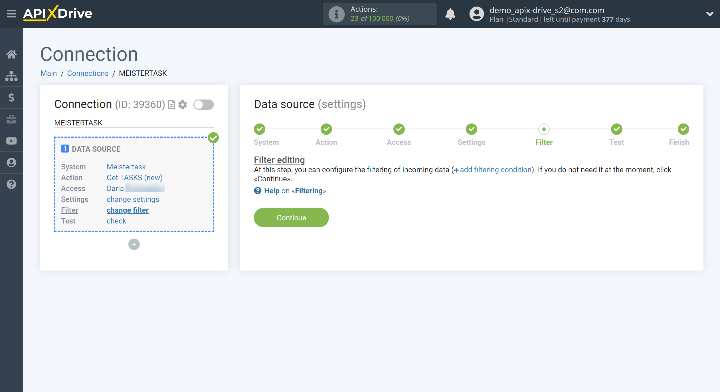 How to Connect MeisterTask as Data Source | Data filter