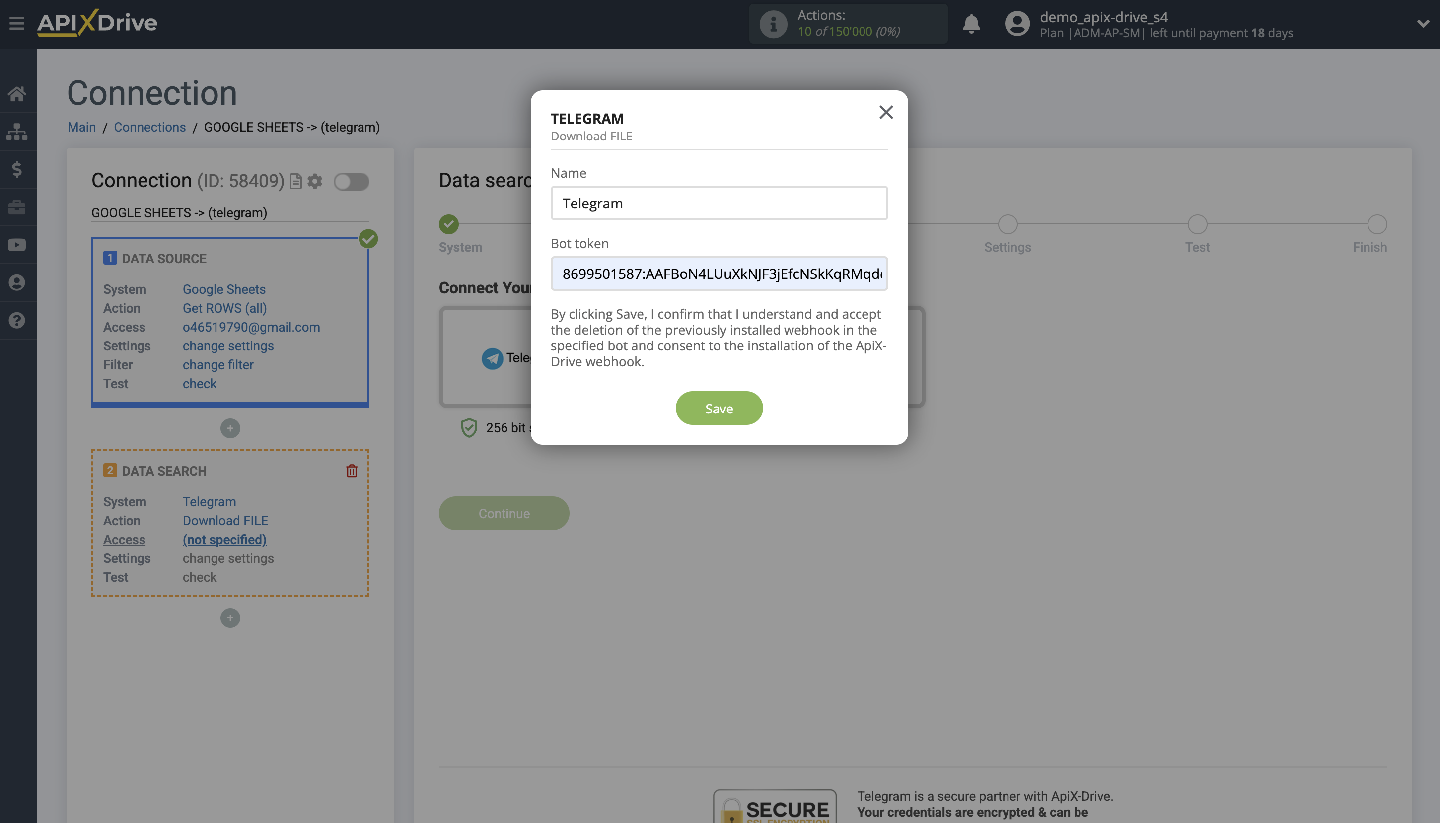 Telegram File Upload Settings to Dropbox | Entering data for access and connection