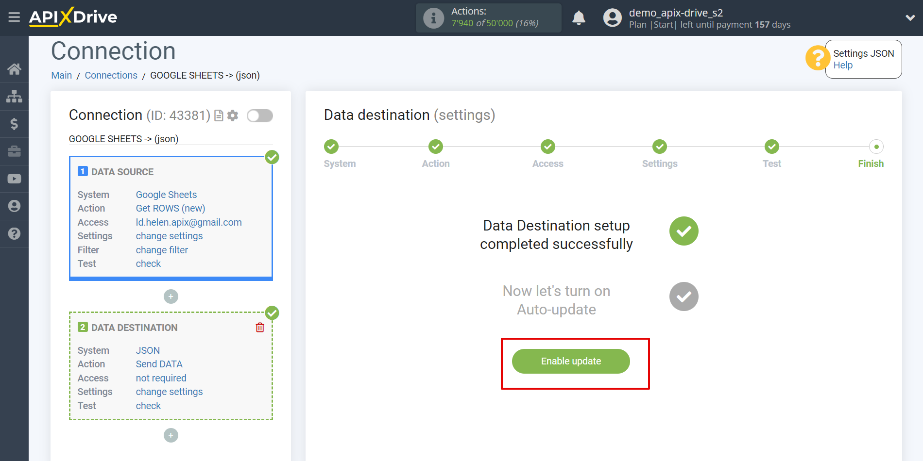 How to Connect JSON as Data Destination | Enable auto-update