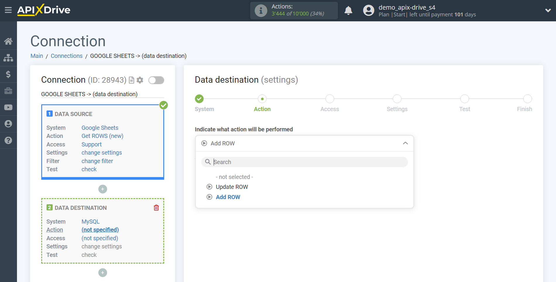 How to Connect MySQL as Data Destination | Action selection