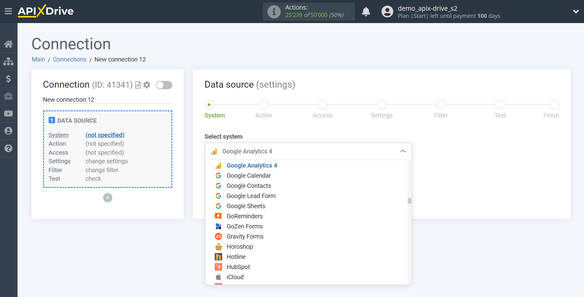 How to Connect Google Analytics 4 as Data Source | System selection