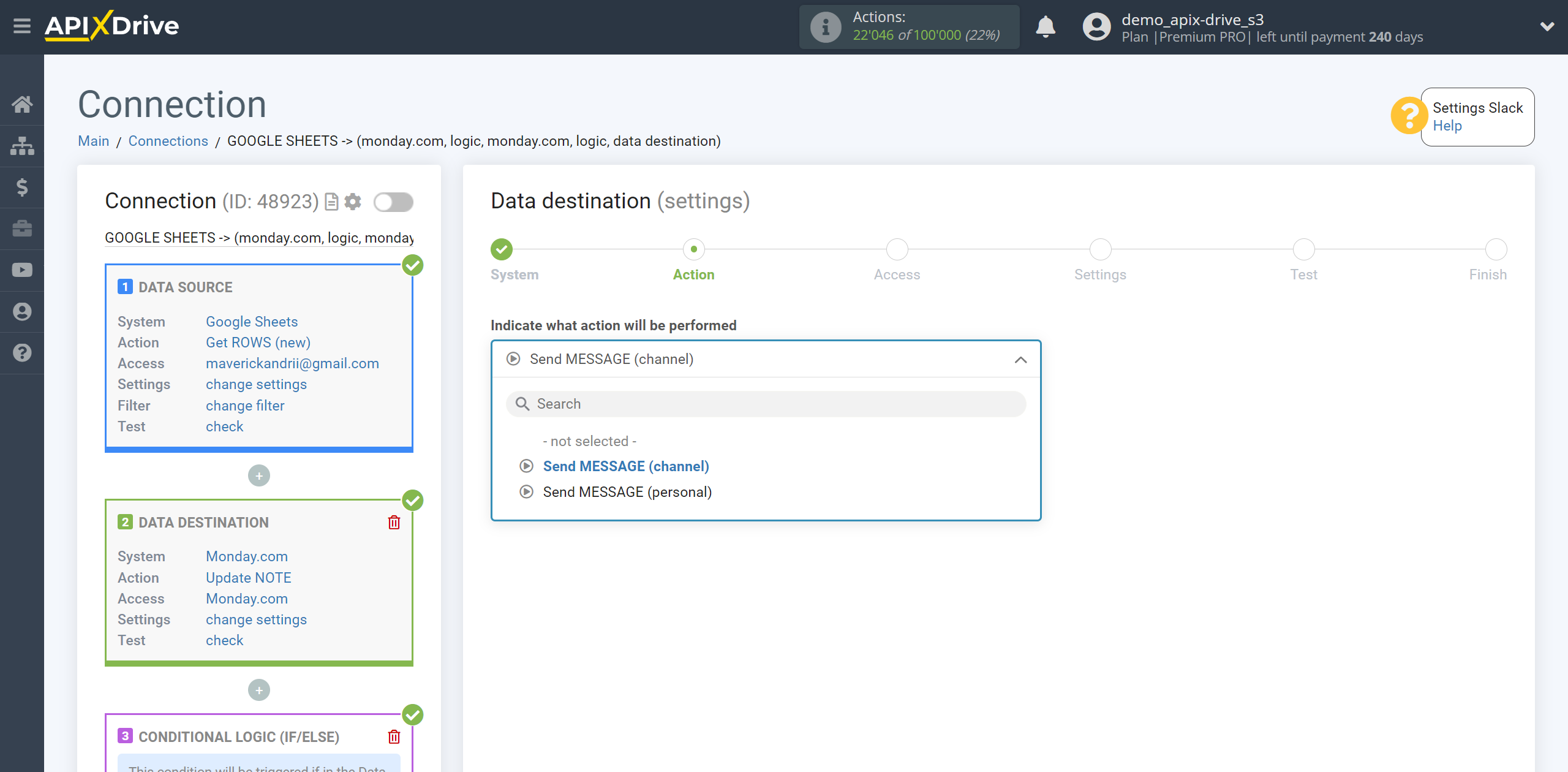 How to setup Monday.com Update Note / Create Note | Action selection in the Data Destination