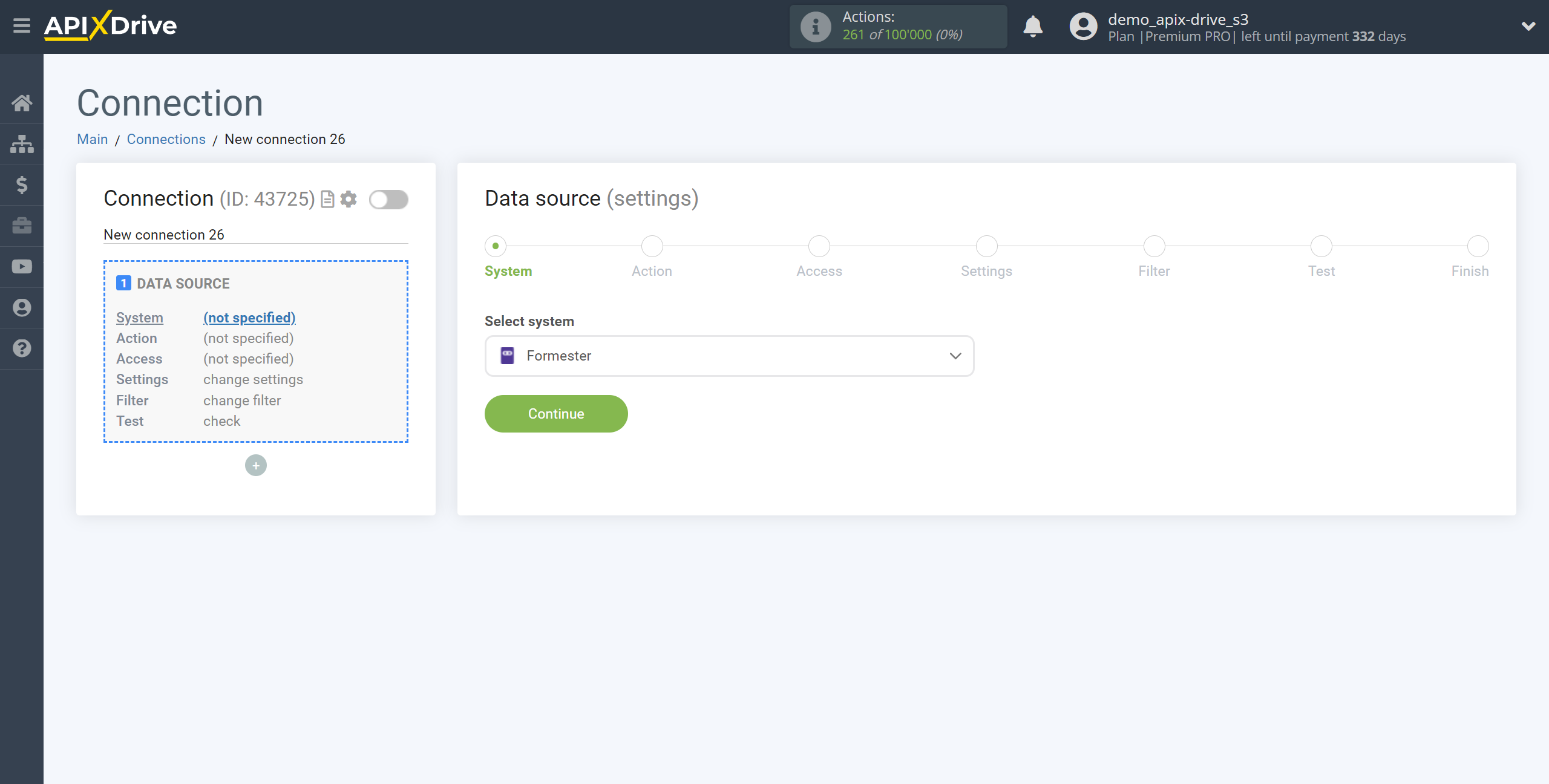 How to Connect Formester as Data Source | System selection