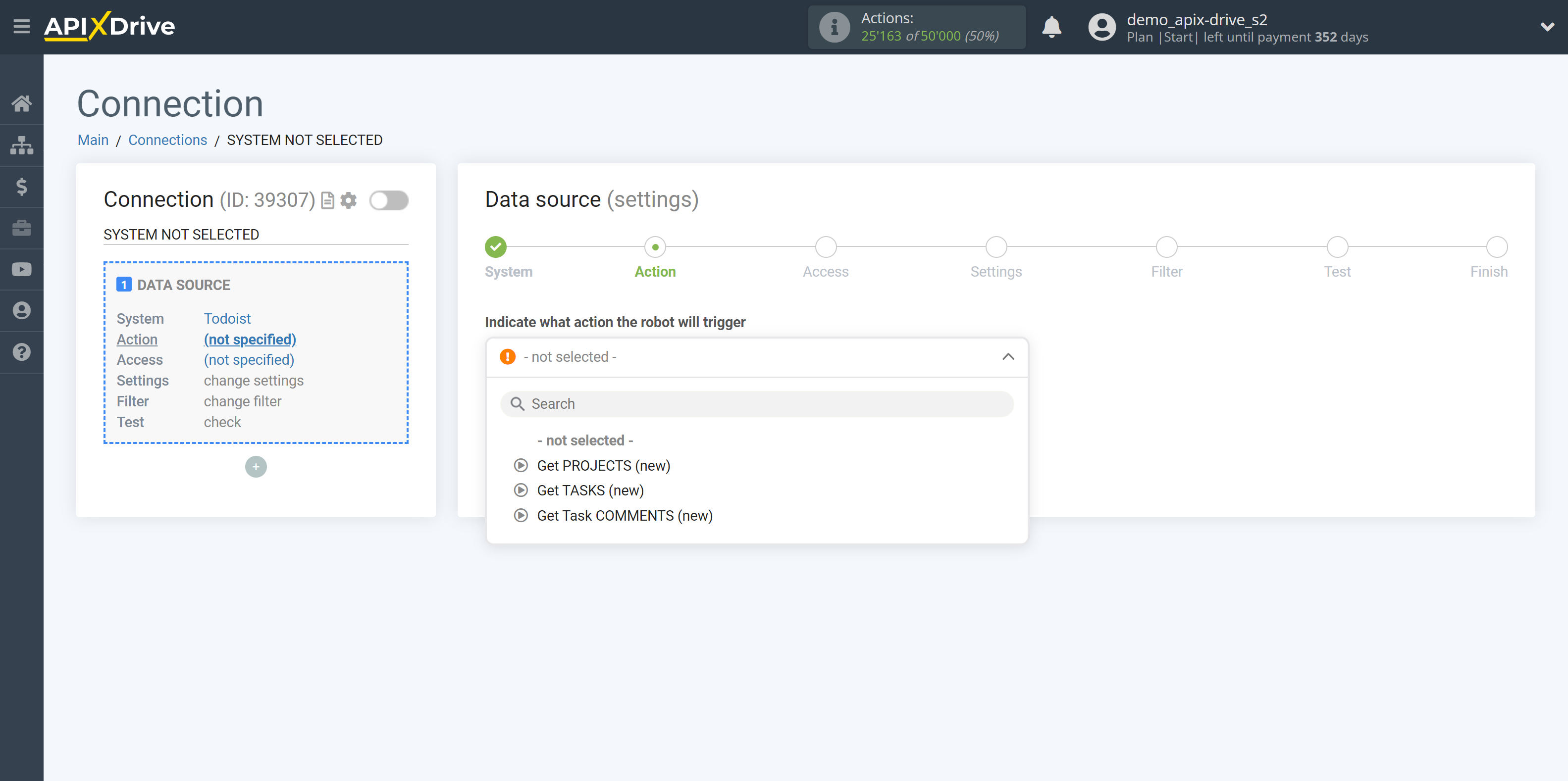 How to Connect Todoist as Data Source | Action selection