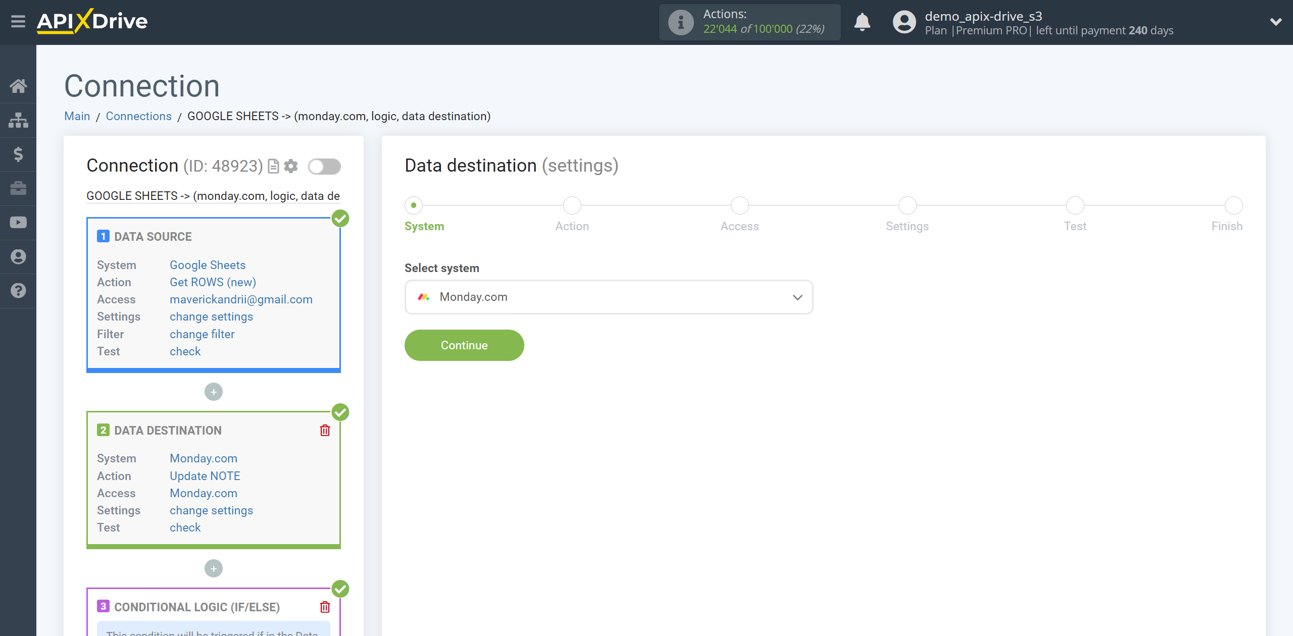 How to setup Monday.com Update Note / Create Note | System selection a Data Destination