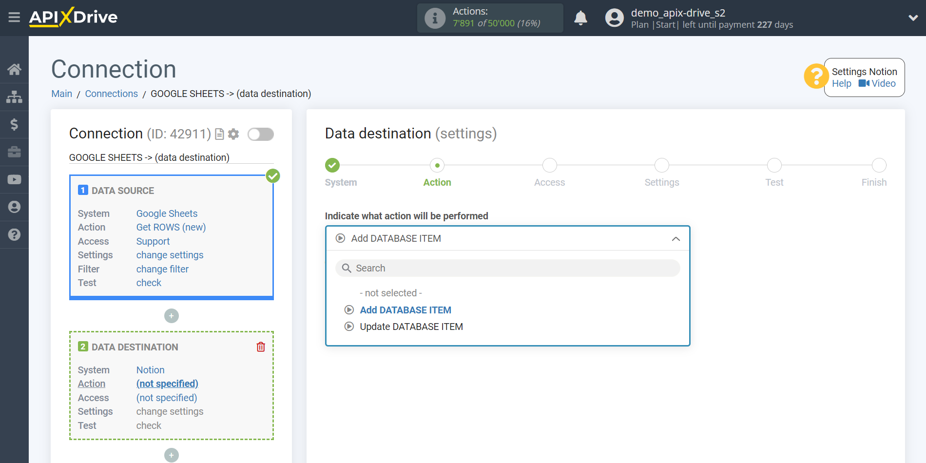 How to Connect Notion as Data Destination | Action selection