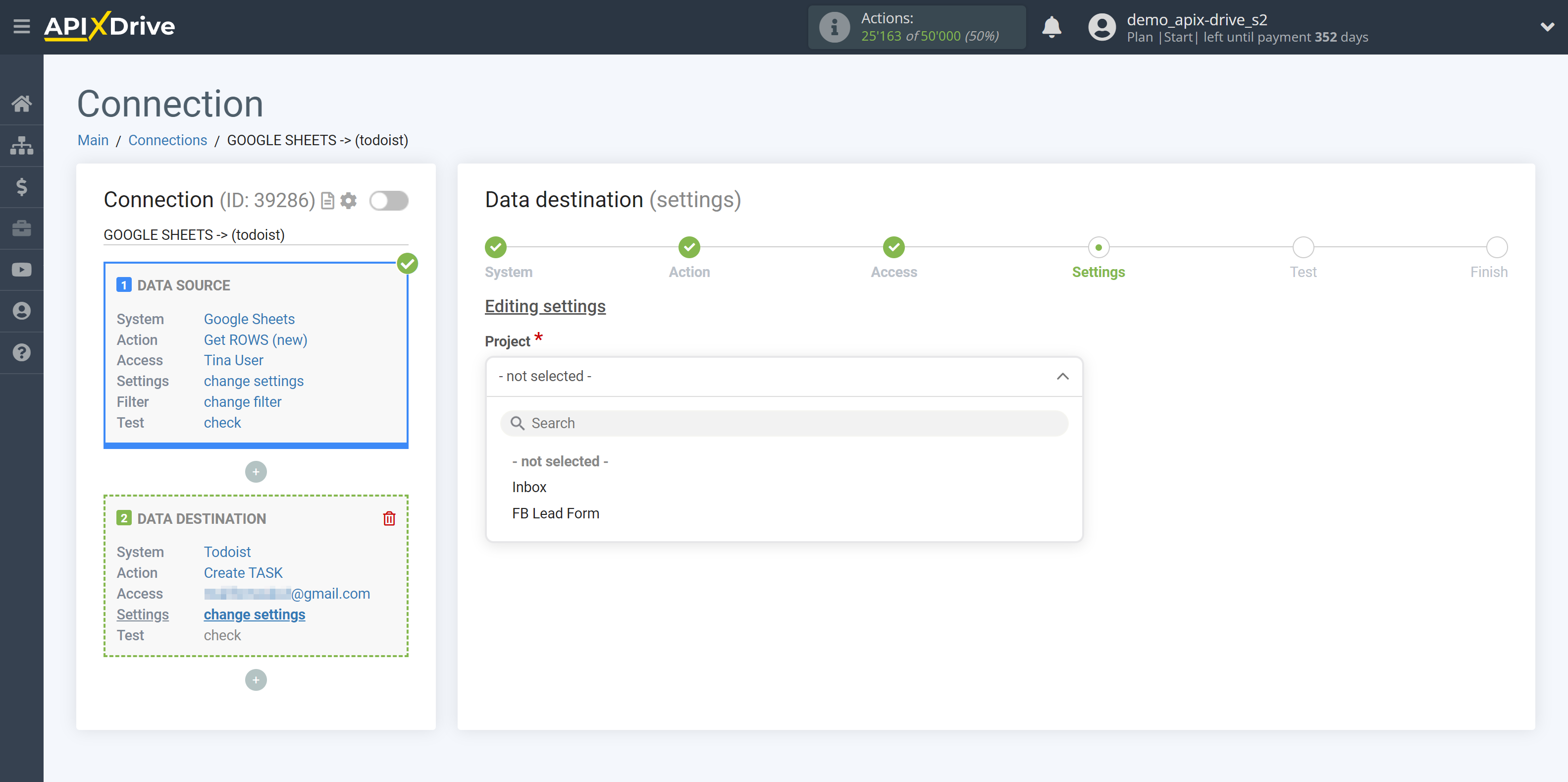 How to Connect Todoist as Data Destination | Assigning Project