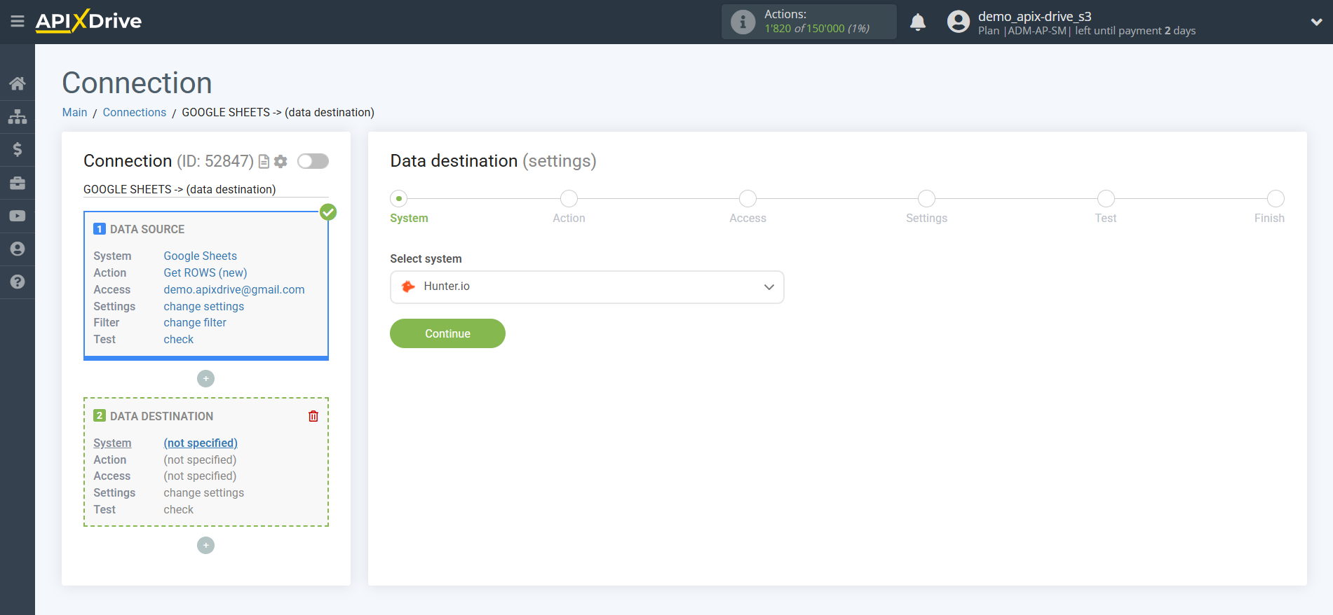 How to Connect Hunter.io as Data Destination | System selection How to Connect Hunter.io as Data Destination | System selection