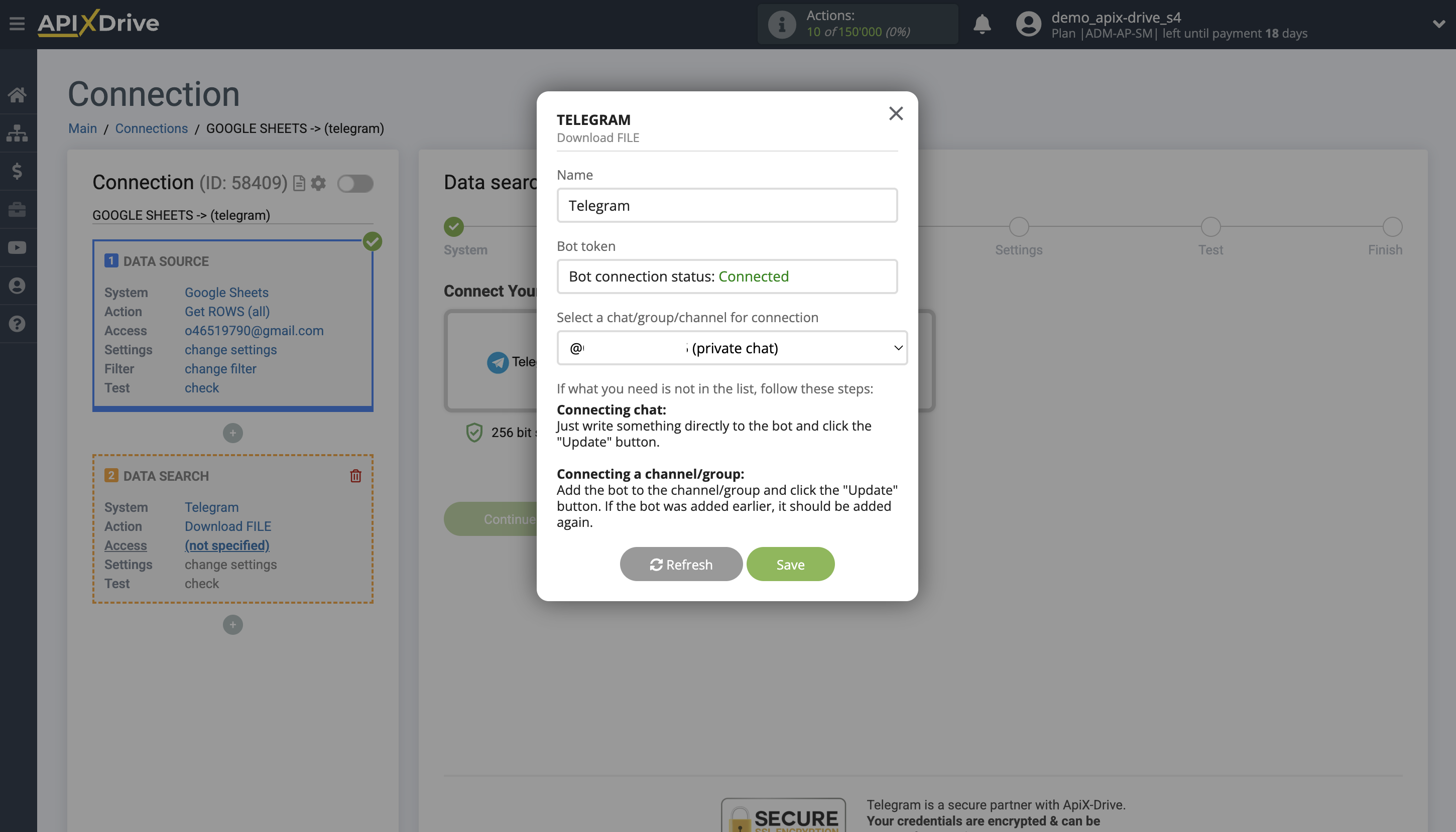Telegram File Upload Settings to Dropbox | Entering data for access and connection