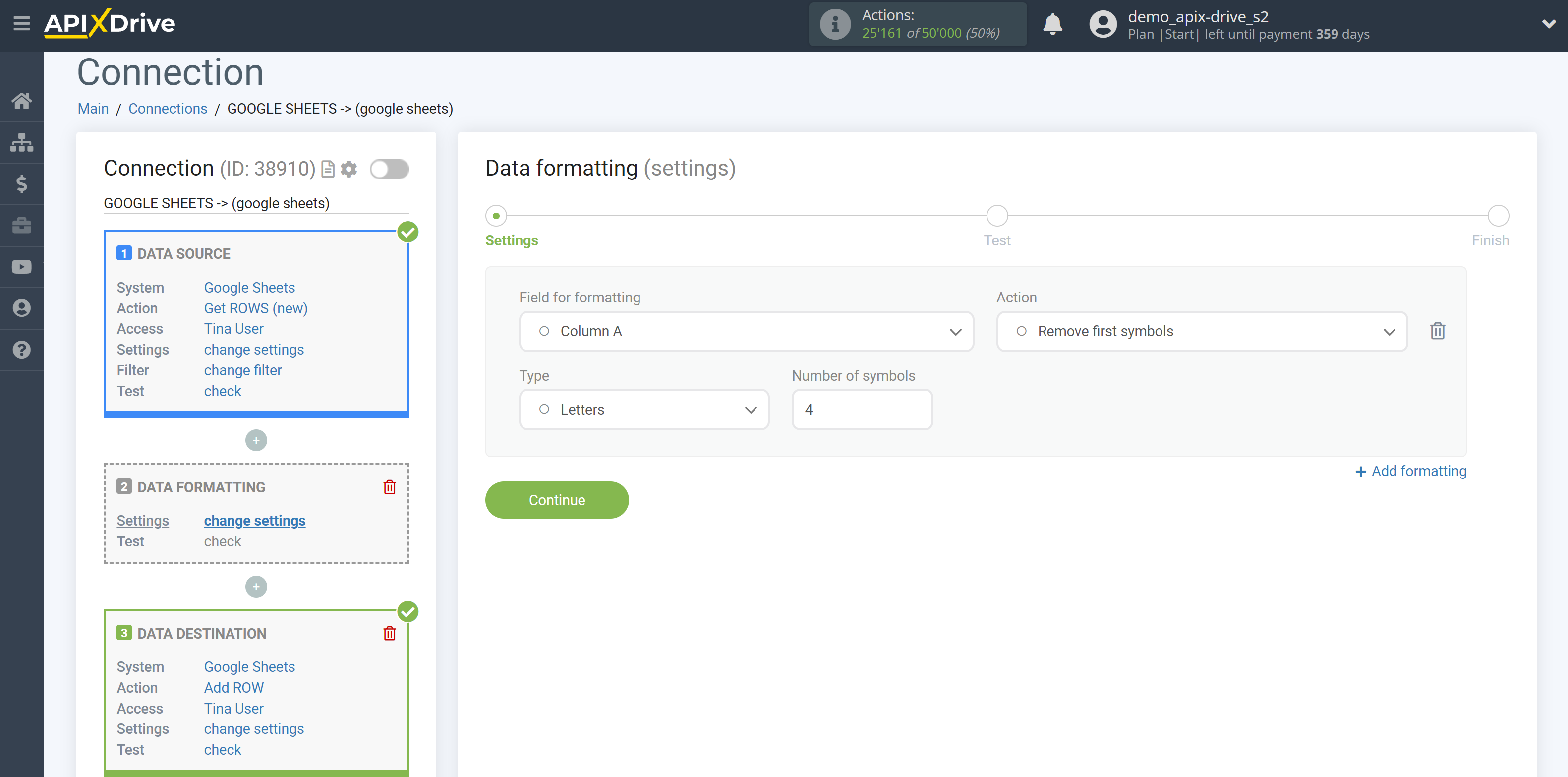 How to setup Data Formatting | Selecting the function Remove first symbols