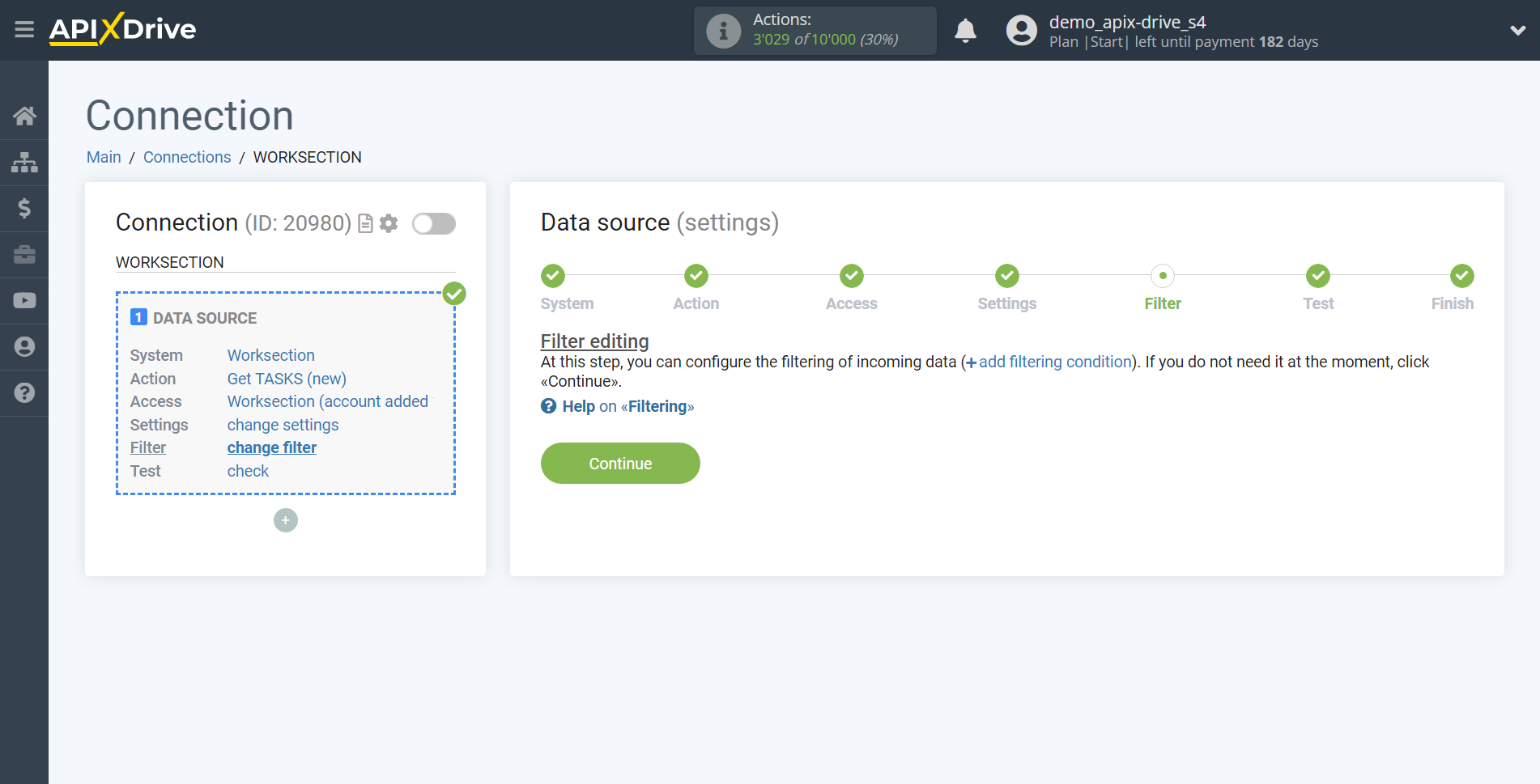 How to Connect Worksection as Data Source | Data filter