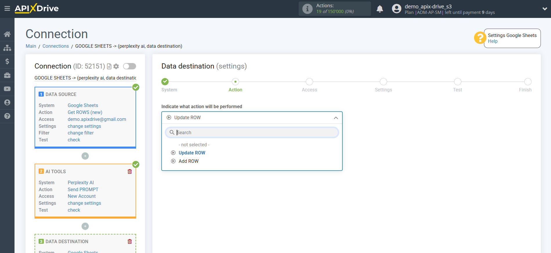 Setting up Perplexity AI in Google Sheets | Selecting an Action in Data Destination