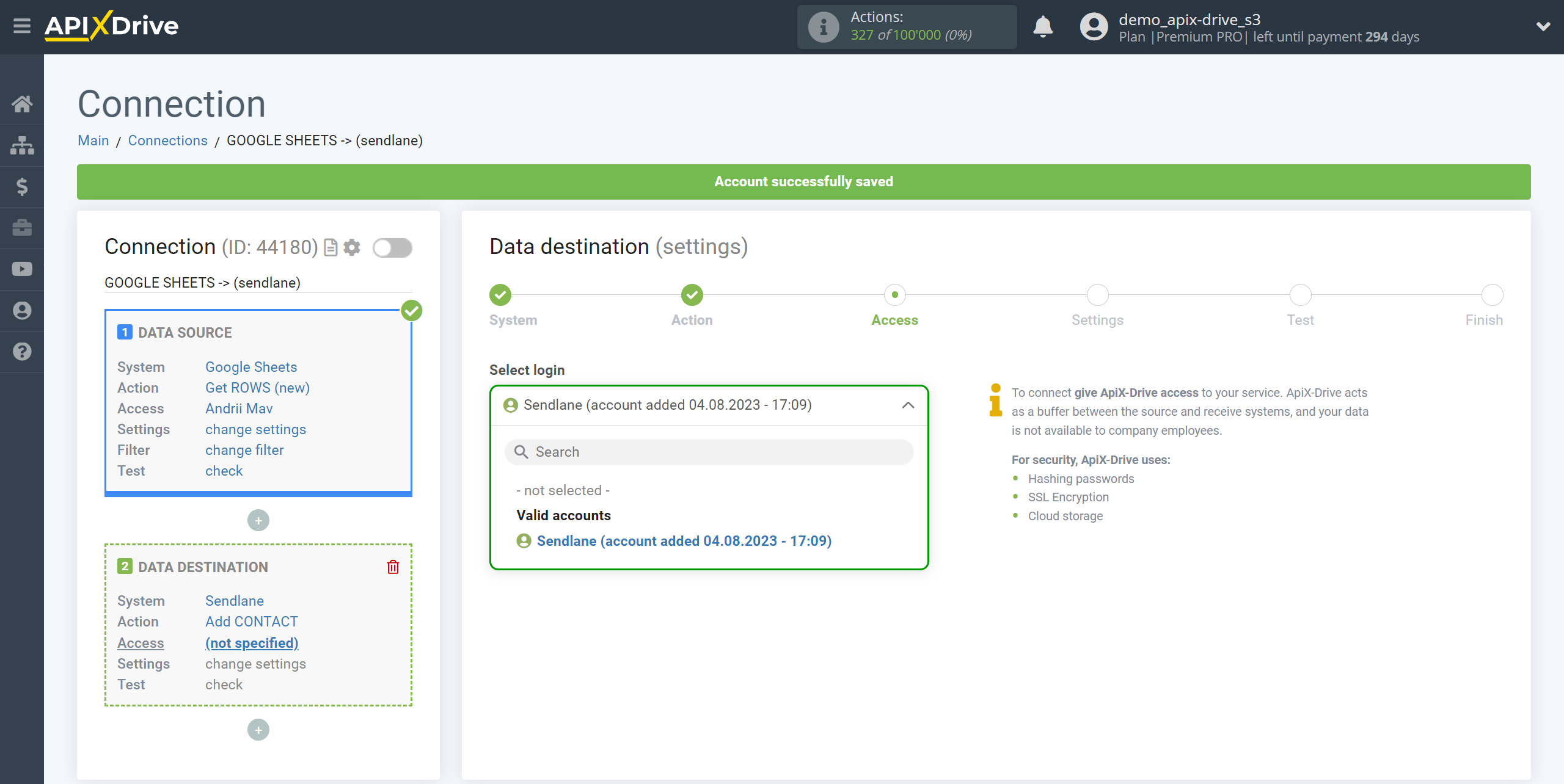 How to Connect Sendlane as Data Destination | Account selection