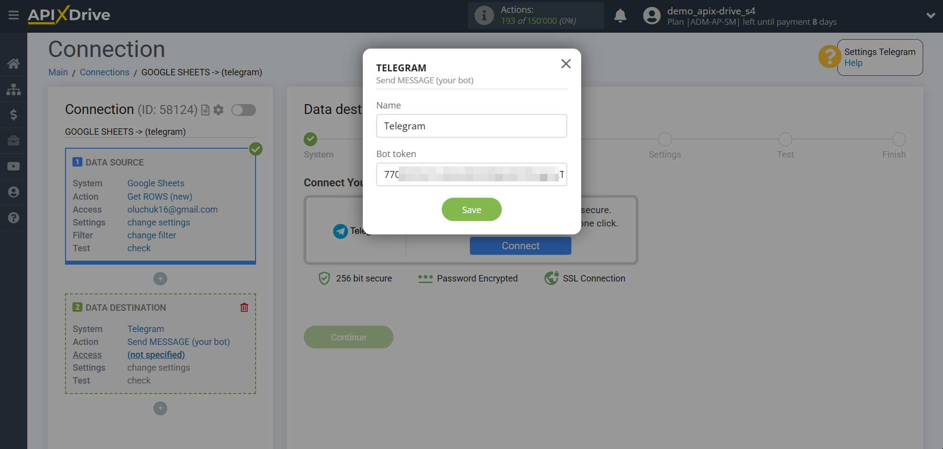 How to Connect Telegram as Data Destination | Entering the bot token data and saving your account