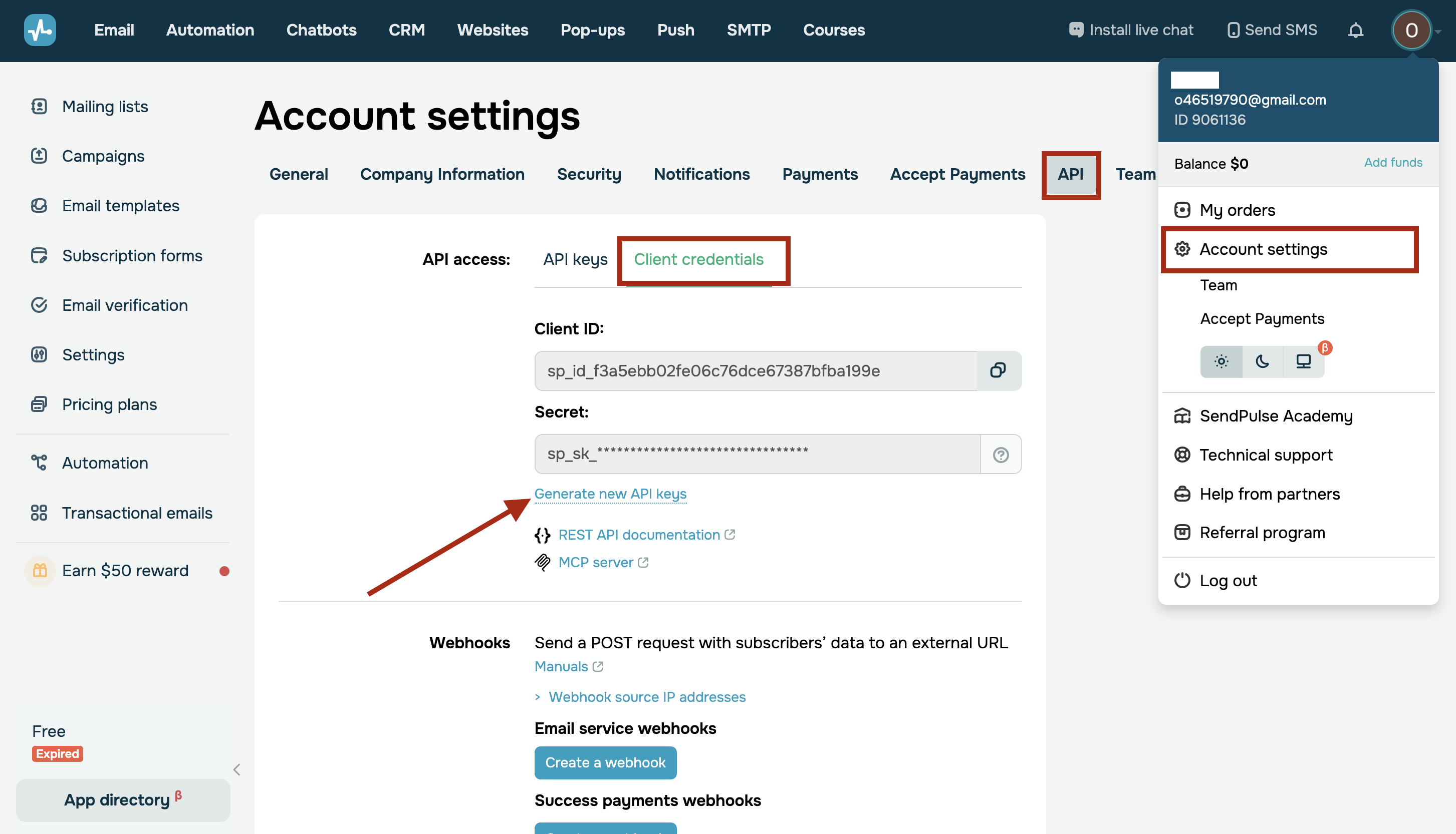 How to Connect SendPulse as Data Destination | Generating a new API key How to Connect SendPulse as Data Destination | Generating a new API key