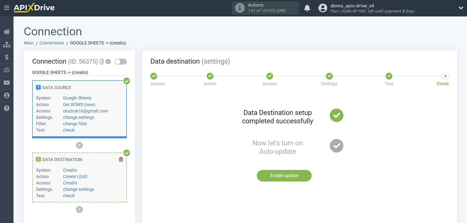 How to Connect Creatio  as Data Destination | Enable auto-update How to Connect Creatio  as Data Destination | Enable auto-update