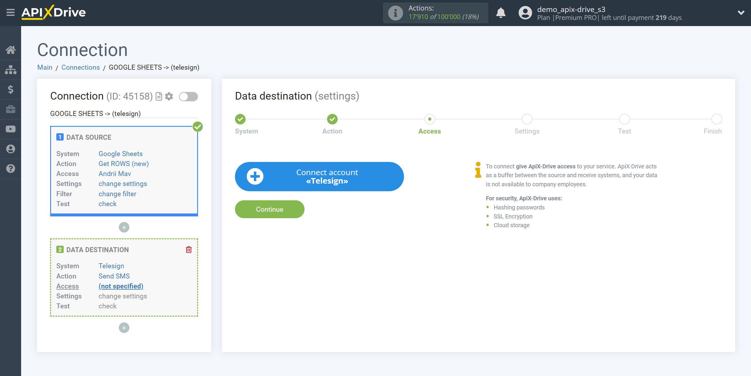 How to Connect Telesign as Data Destination | Account connection