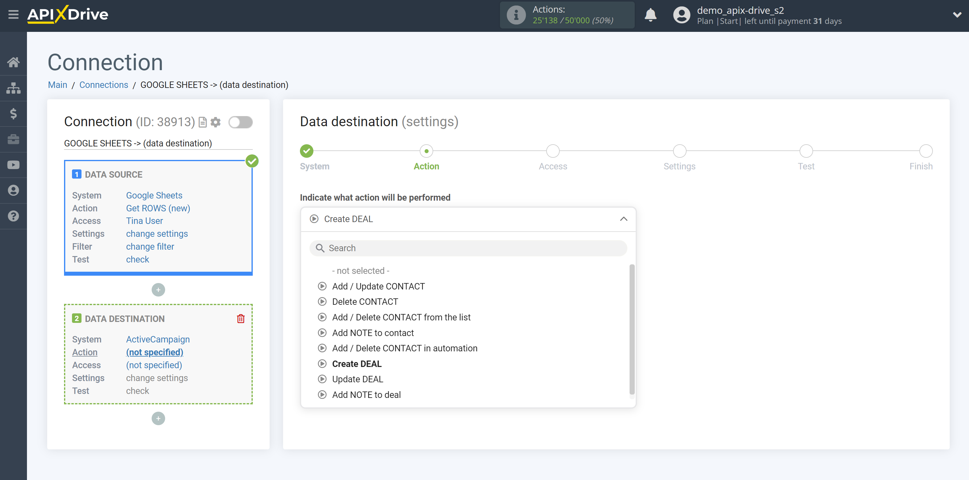 How to Connect ActiveCampaign as Data Destination | Action selection