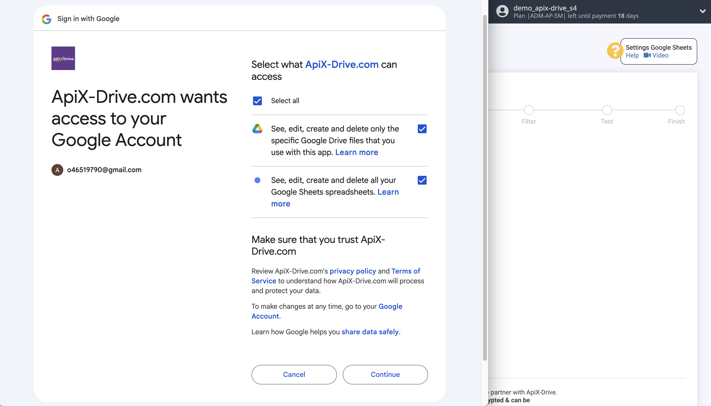 Telegram File Upload Settings to Dropbox | Select a Google account to connect