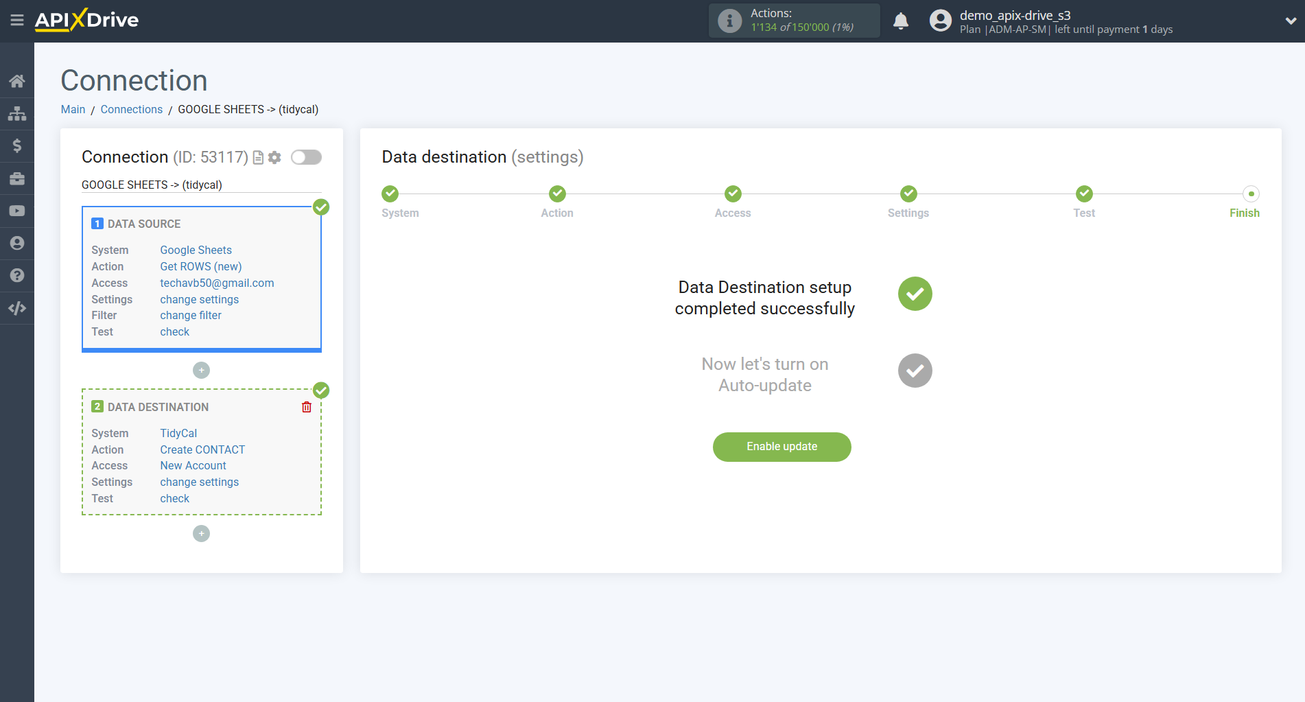 How to Connect Tidycal as Data Destination | Enable auto-update